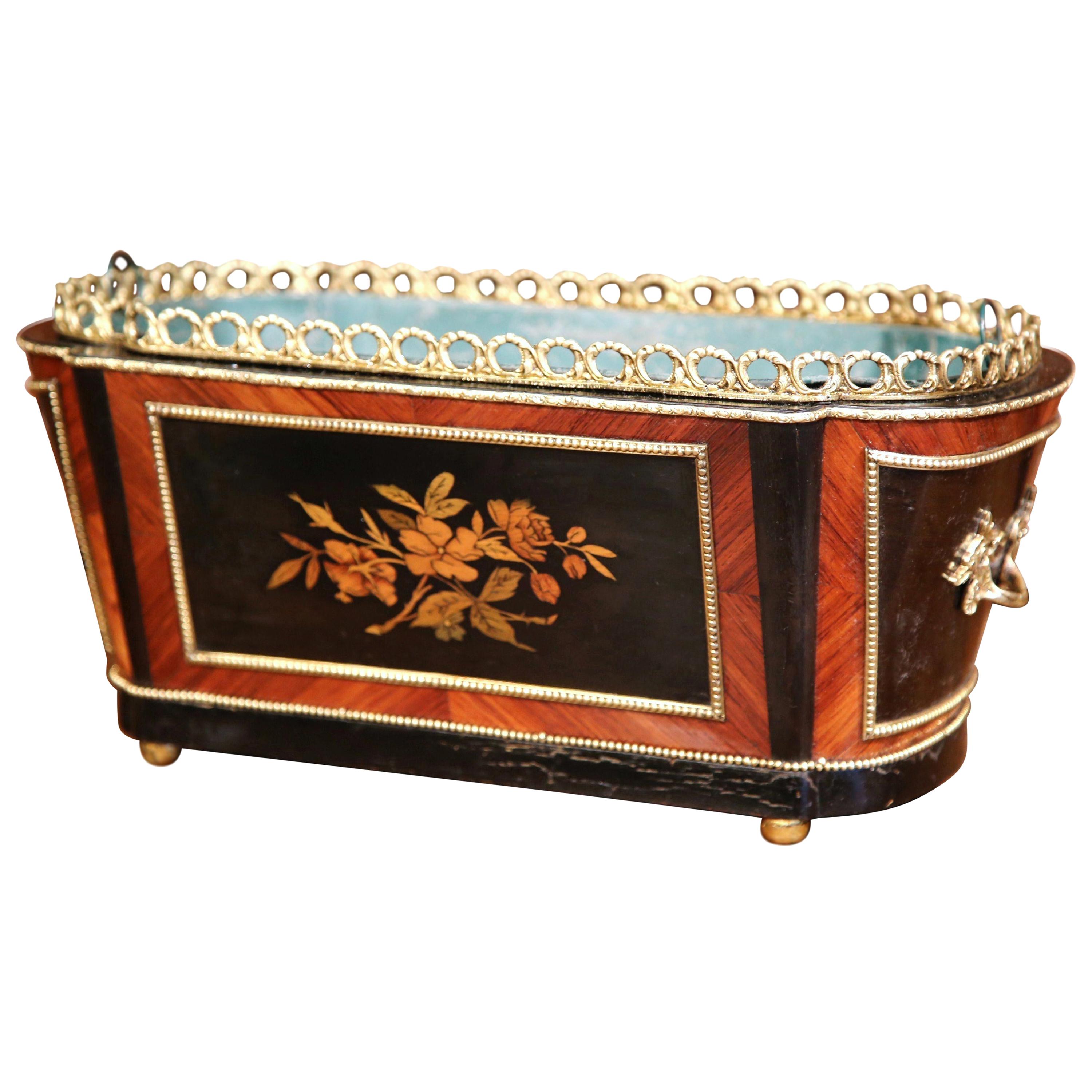 19th Century French Napoleon III Rosewood Marquetry Inlay and Bronze Jardinière