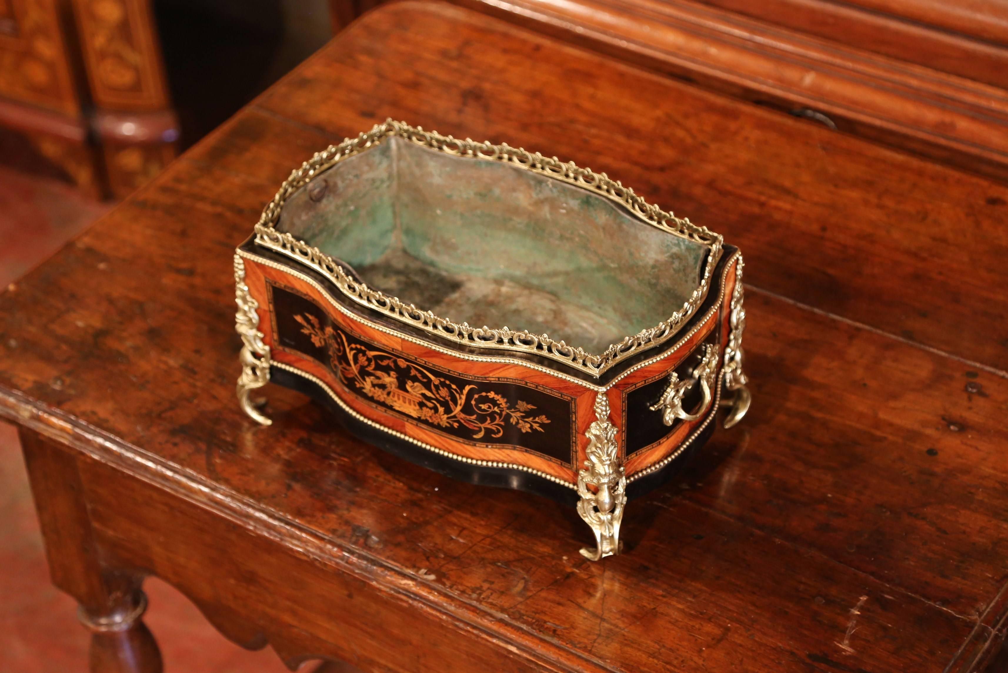 Patinated 19th Century French Napoleon III Rosewood Planter with Marquetry & Bronze Decor