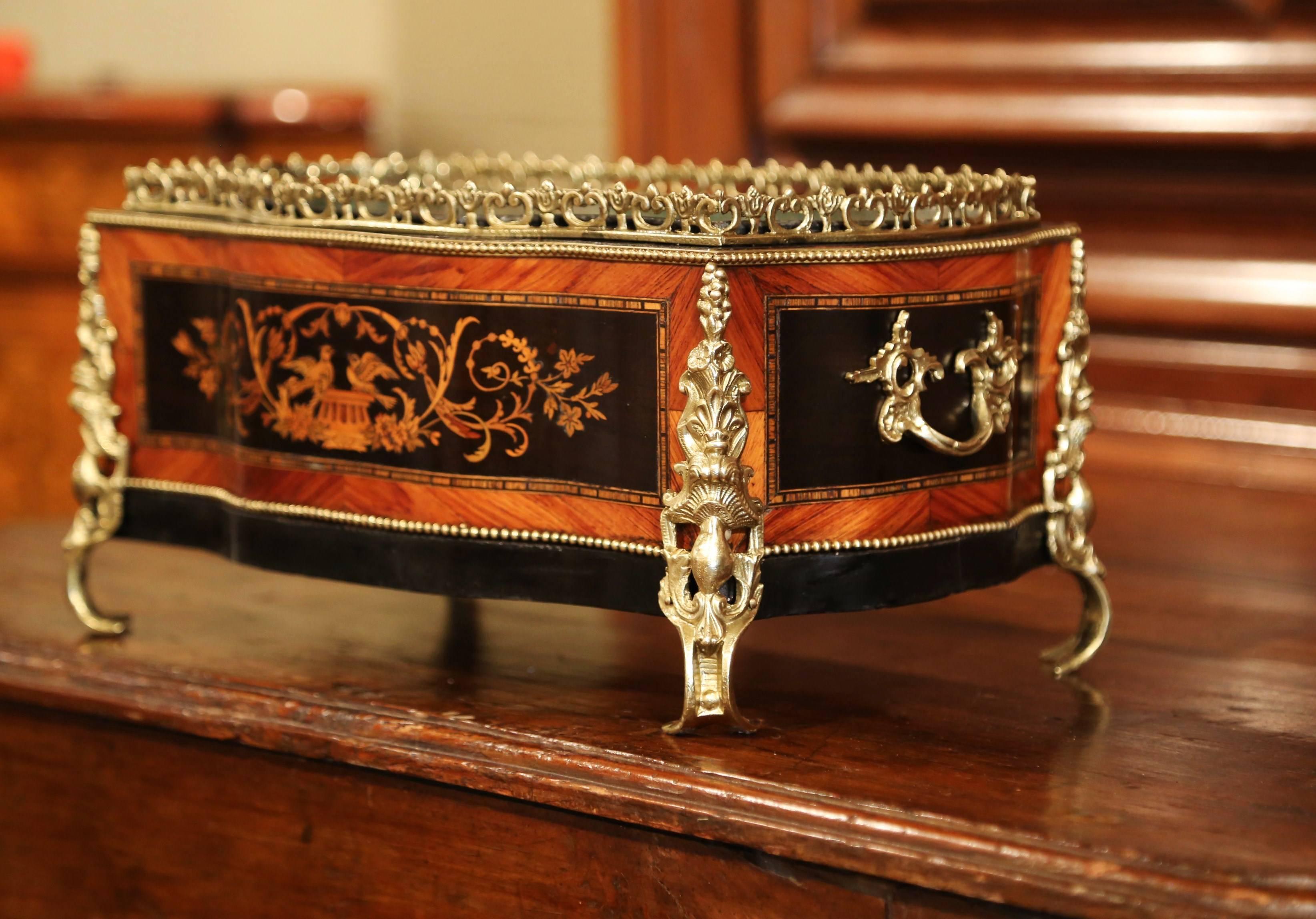 19th Century French Napoleon III Rosewood Planter with Marquetry & Bronze Decor In Excellent Condition In Dallas, TX