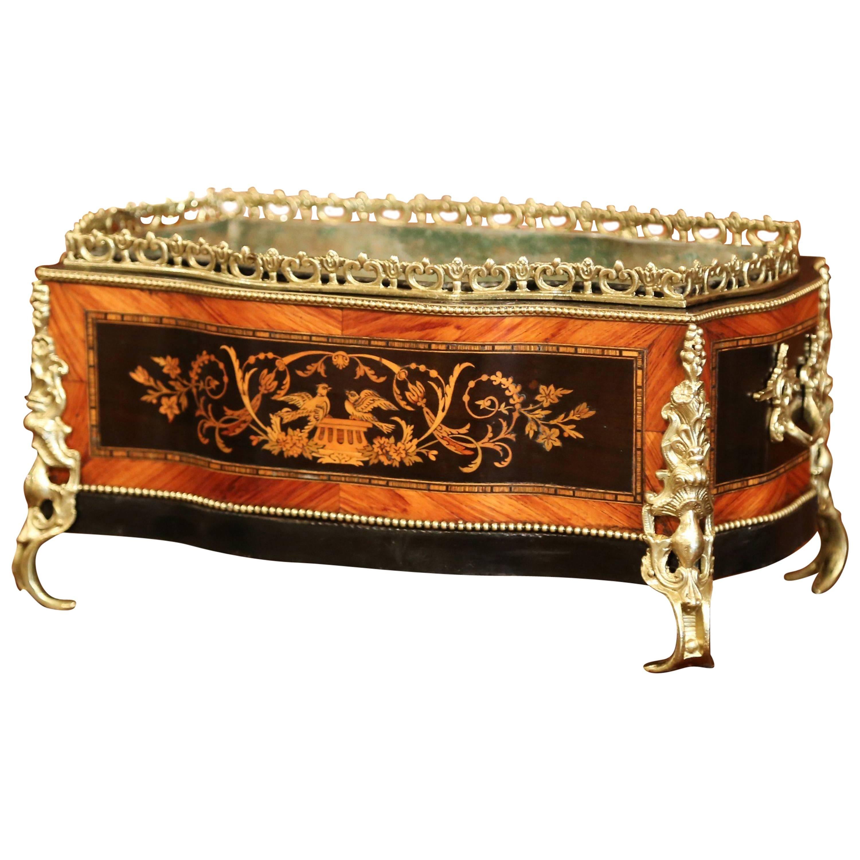 19th Century French Napoleon III Rosewood Planter with Marquetry & Bronze Decor