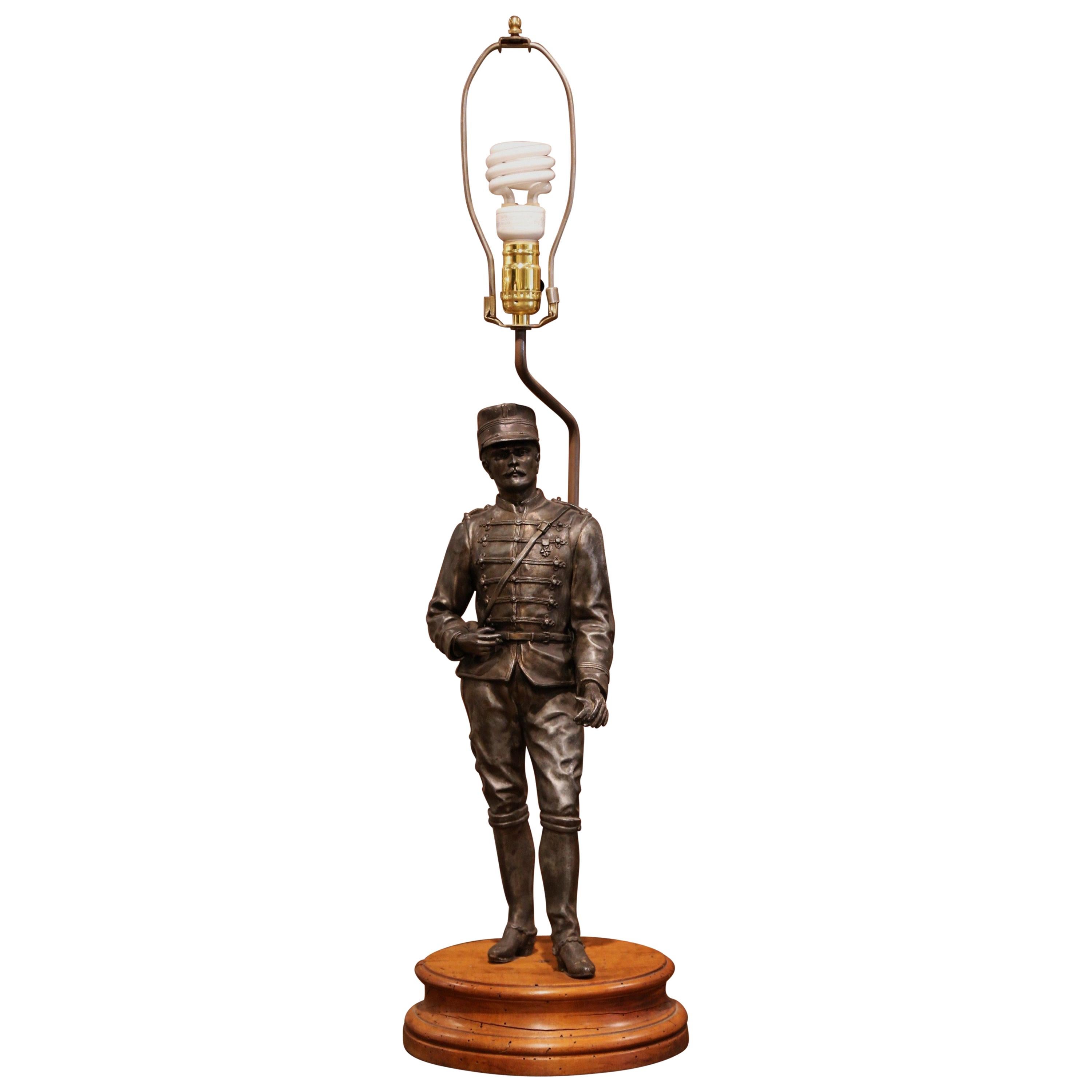 19th Century French Napoleon III Spelter Soldier Figure Table Lamp For Sale