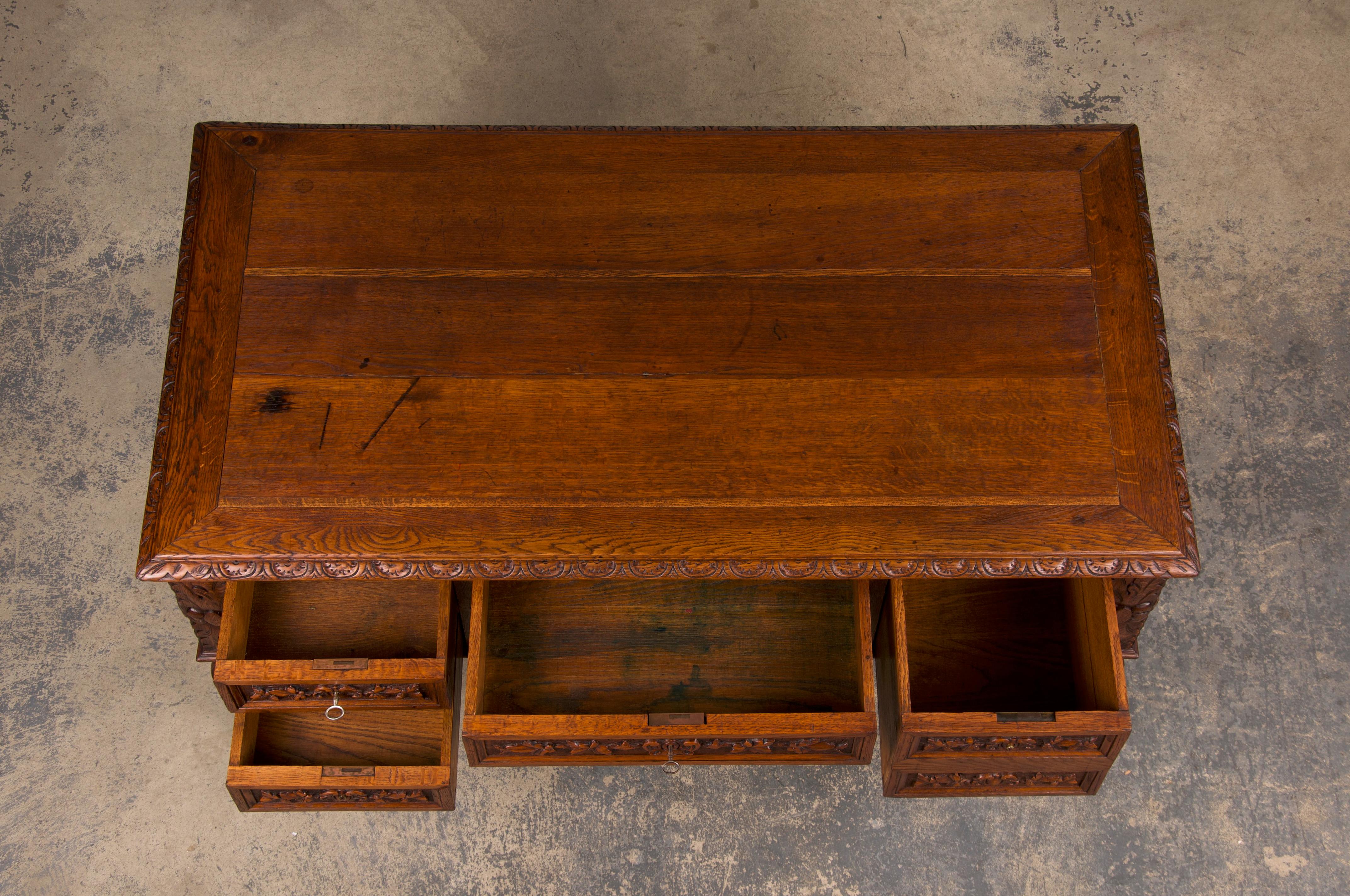 Hand-Carved 19th Century French Napoleon III Style Oak Writing Desk