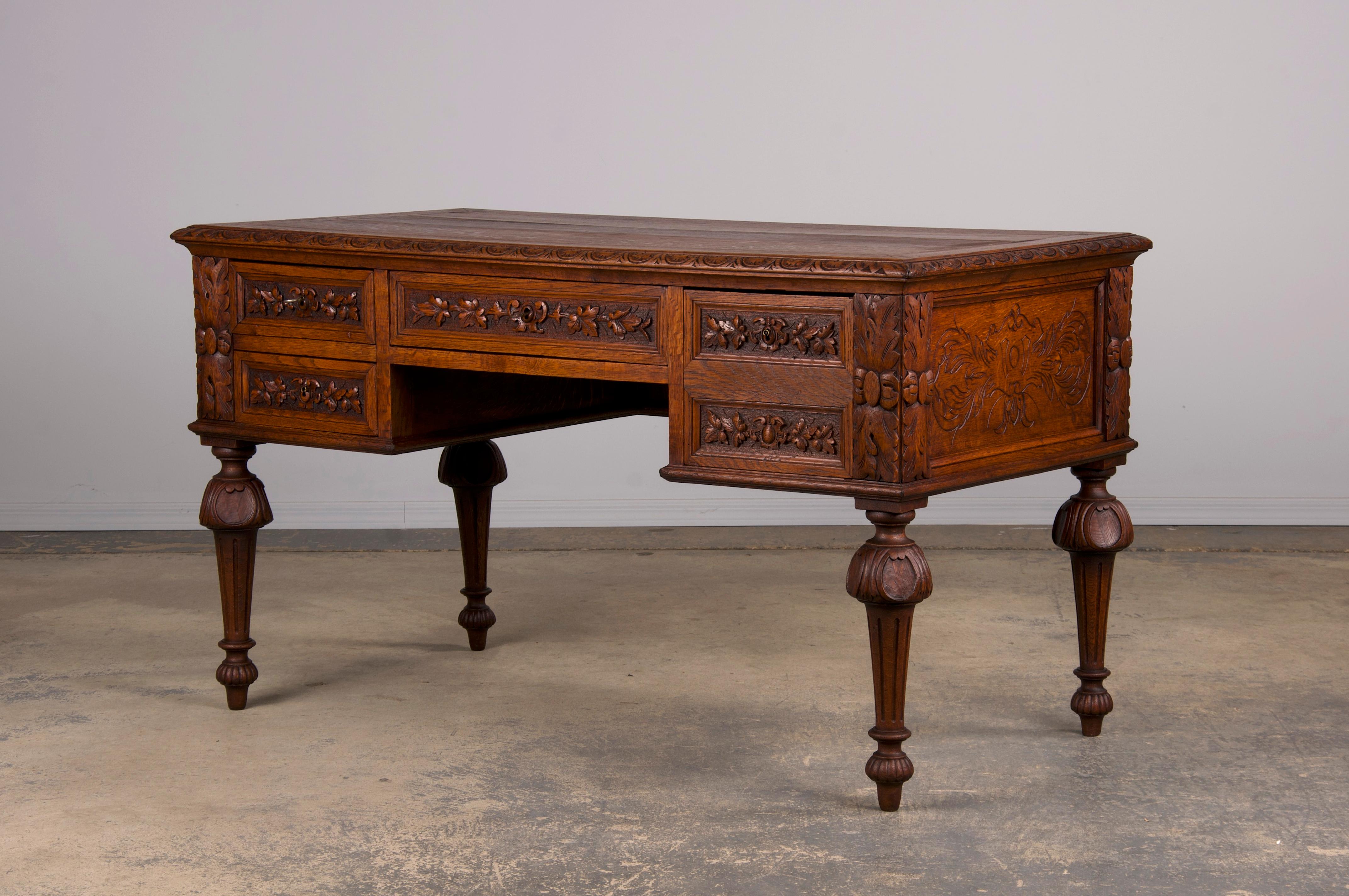 19th Century French Napoleon III Style Oak Writing Desk 1