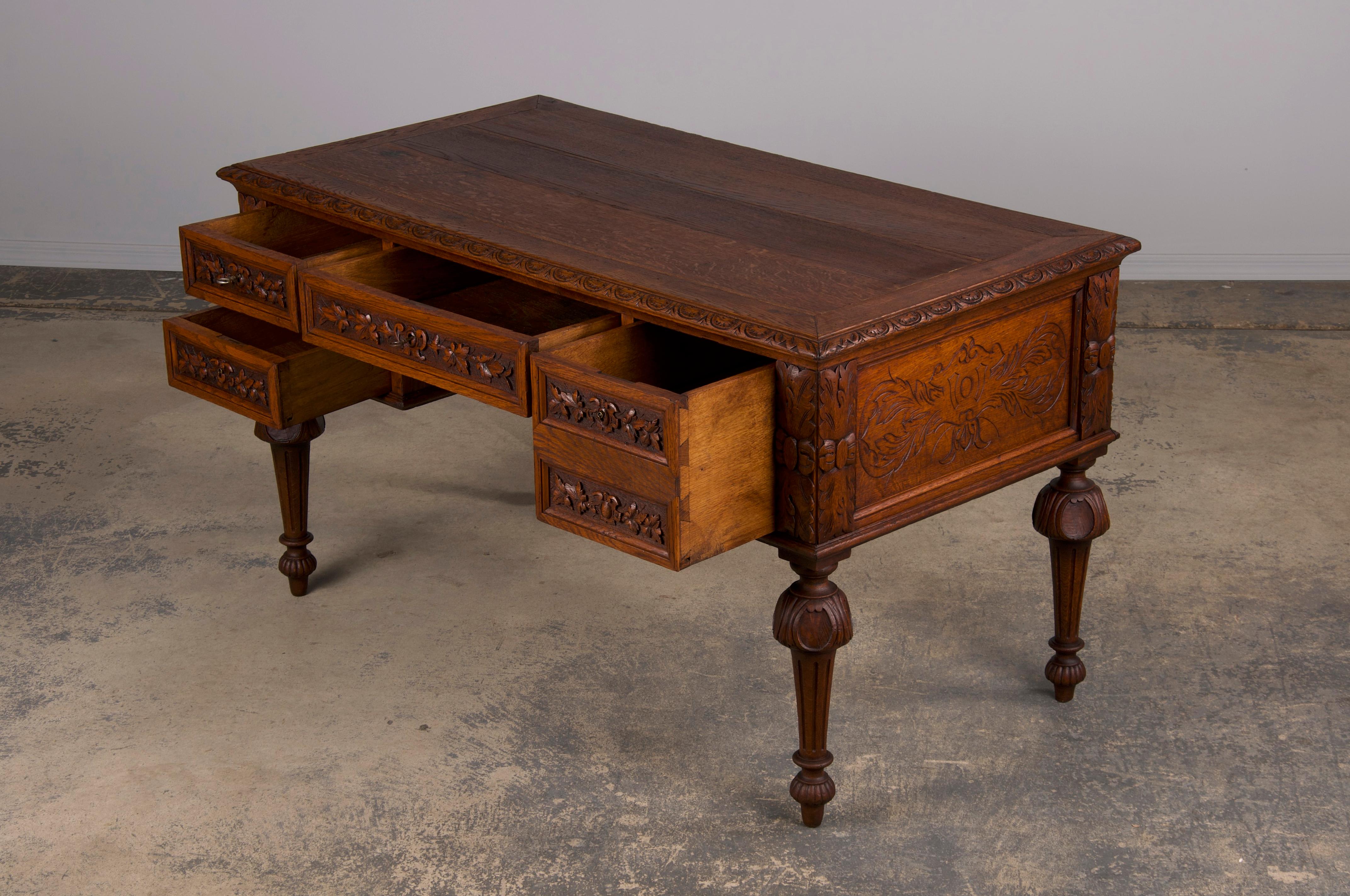 19th Century French Napoleon III Style Oak Writing Desk 4