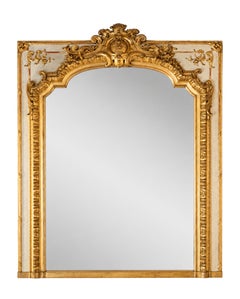 19th Century French Napoleon III Trumeau Mirror, Giltwood Painted Rococo Frame
