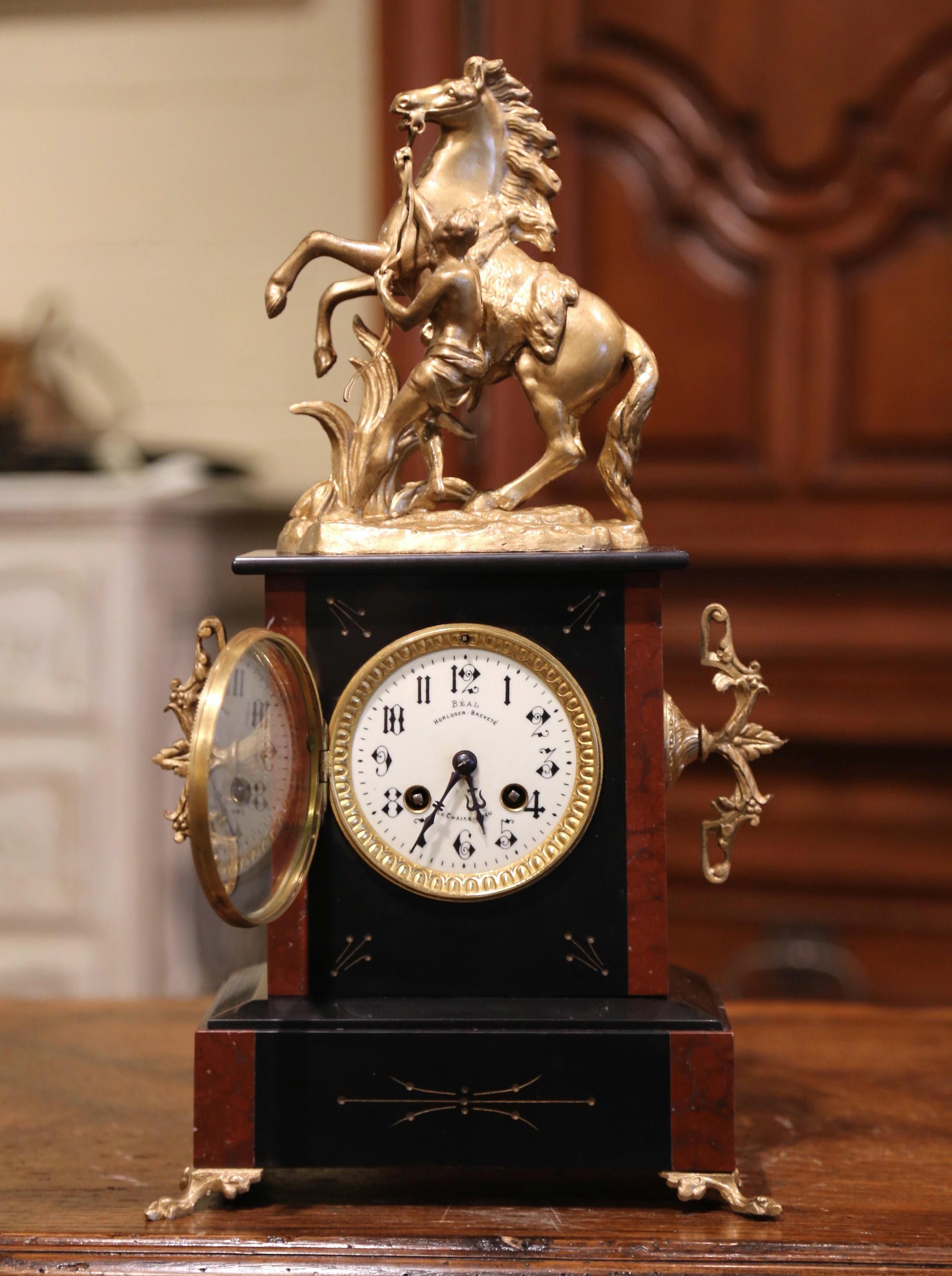 Hand-Crafted 19th Century French Napoleon III Two-Tone Marble and Brass Mantel Clock by Japy