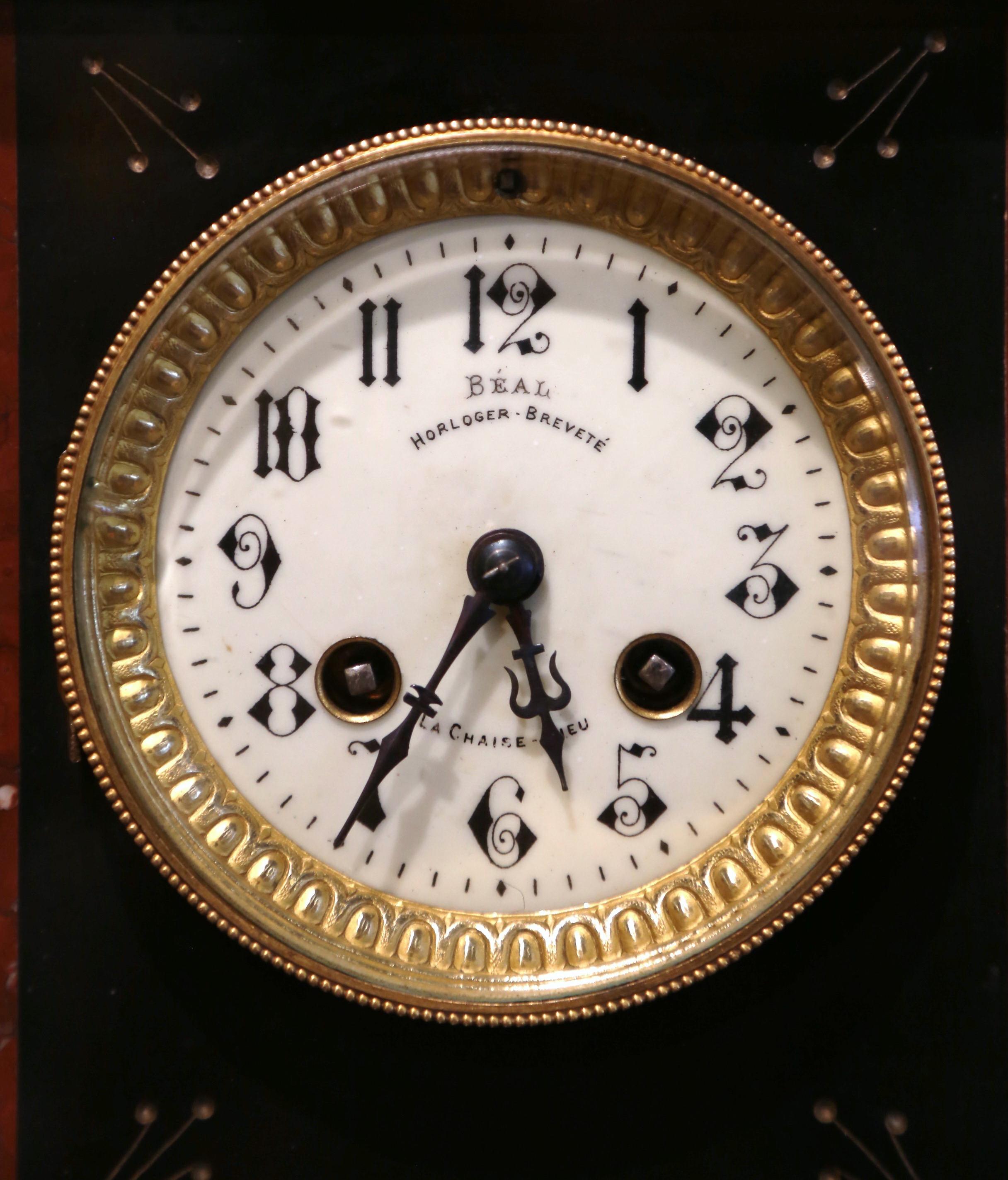 19th Century French Napoleon III Two-Tone Marble and Brass Mantel Clock by Japy In Excellent Condition In Dallas, TX