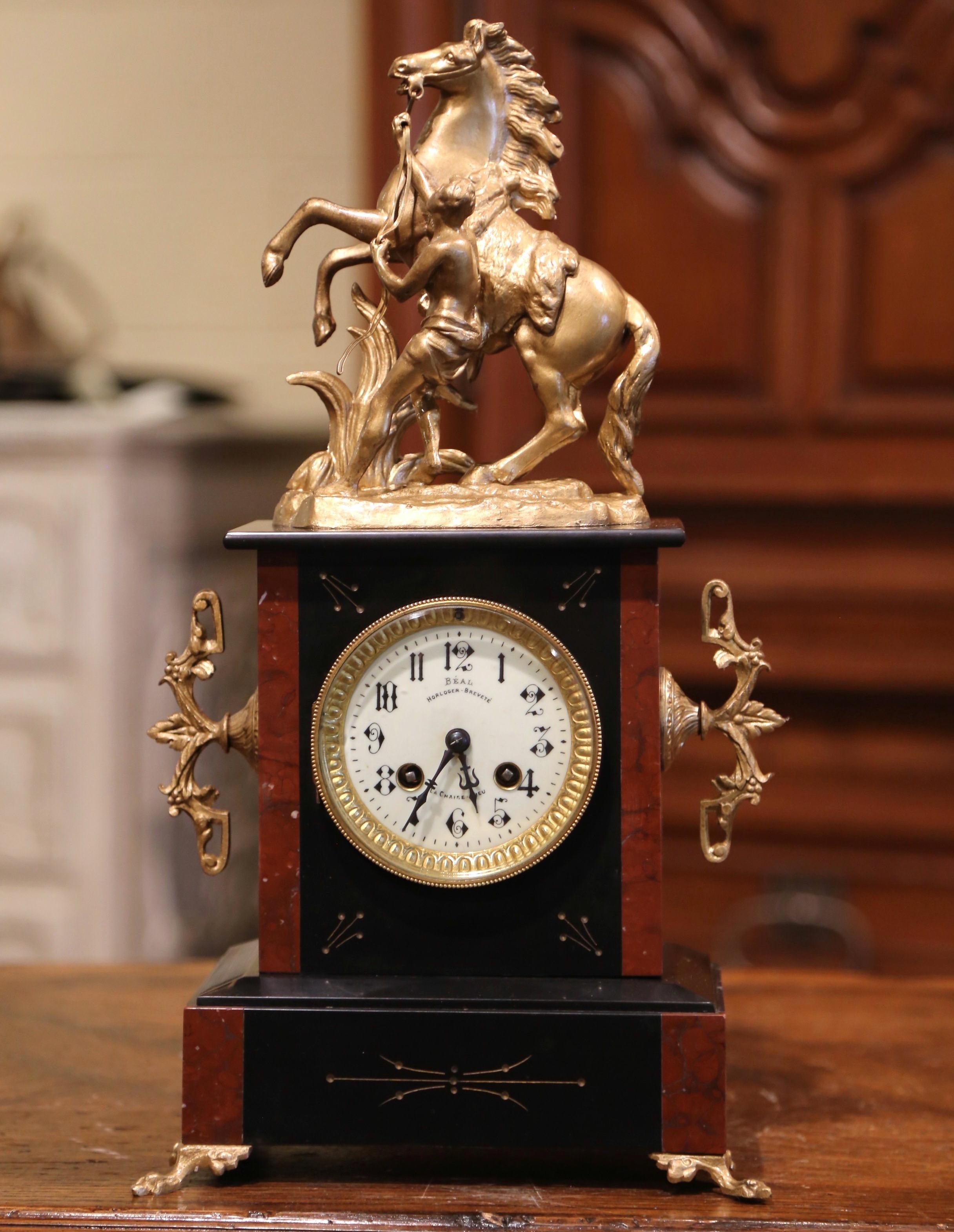 Metal 19th Century French Napoleon III Two-Tone Marble and Brass Mantel Clock by Japy