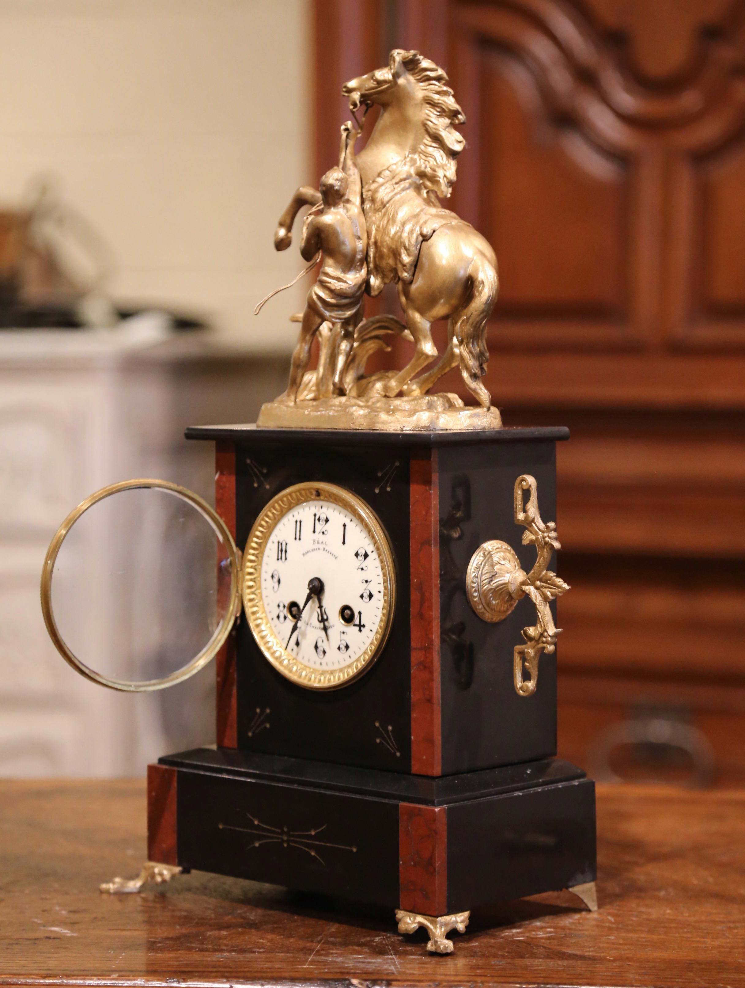 19th Century French Napoleon III Two-Tone Marble and Brass Mantel Clock by Japy 2