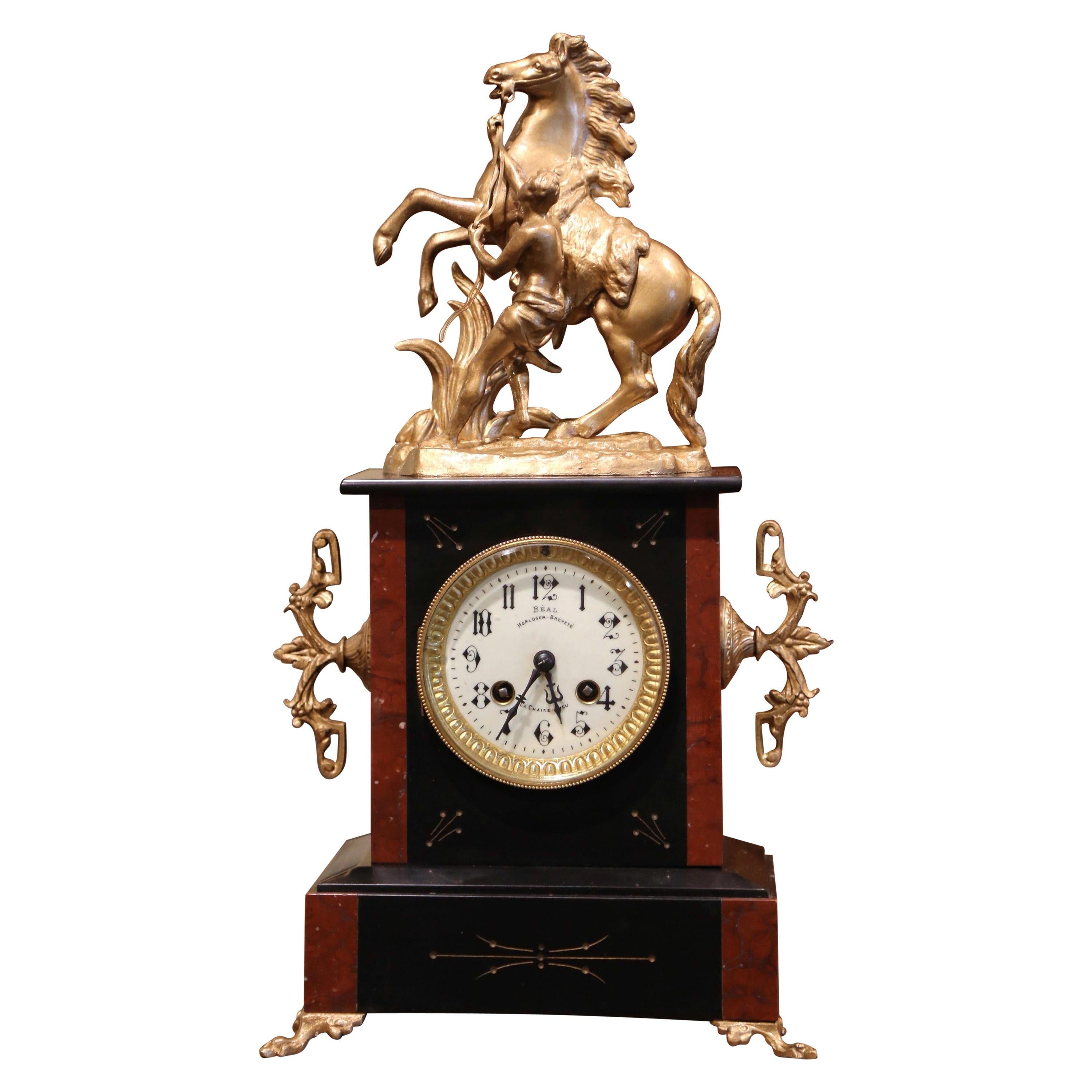 19th Century French Napoleon III Two-Tone Marble and Brass Mantel Clock by Japy