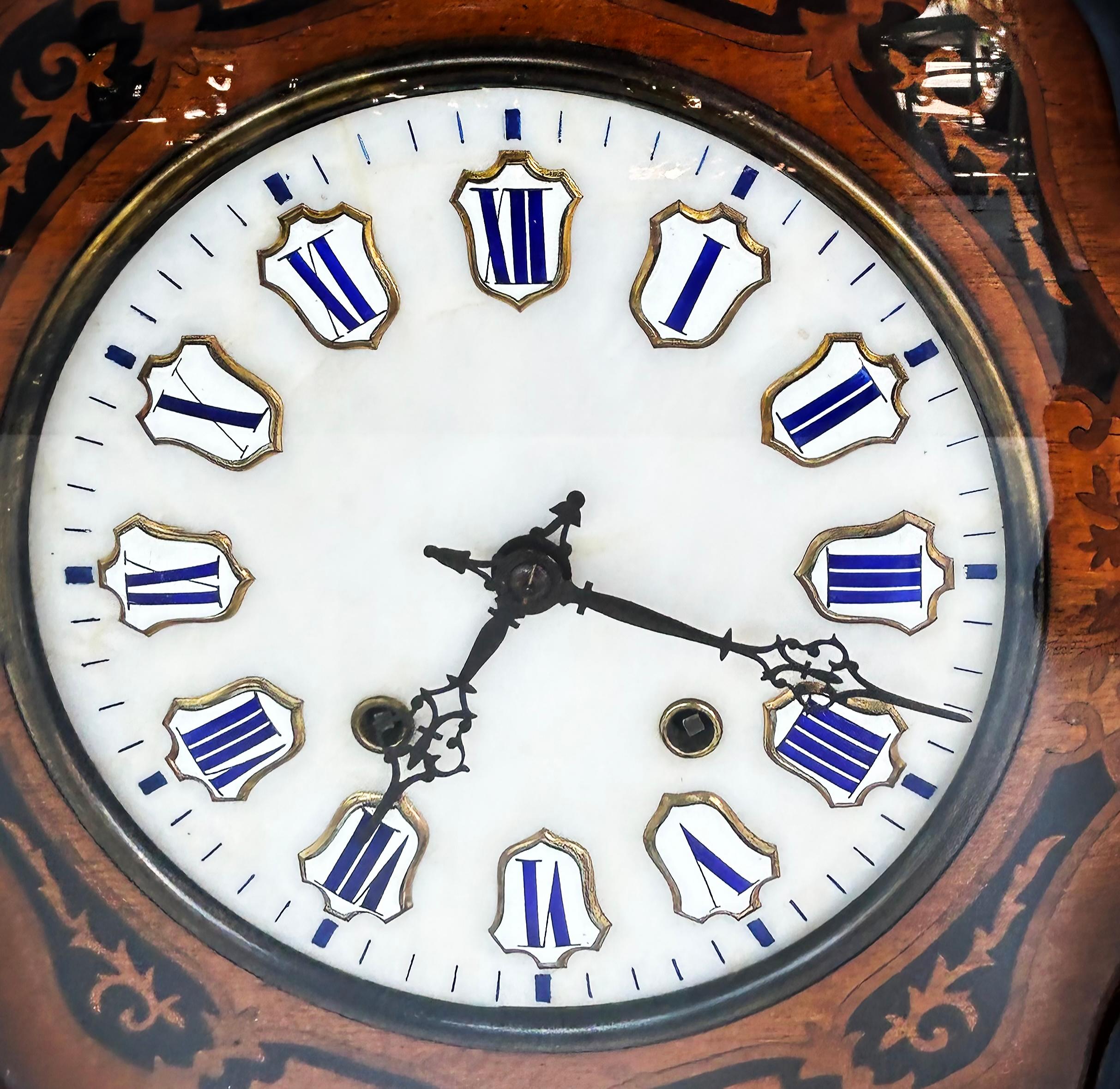 Inlay 19th Century French Napoleon III Wall Clock, Enamel Face and Wood Marquetry  For Sale
