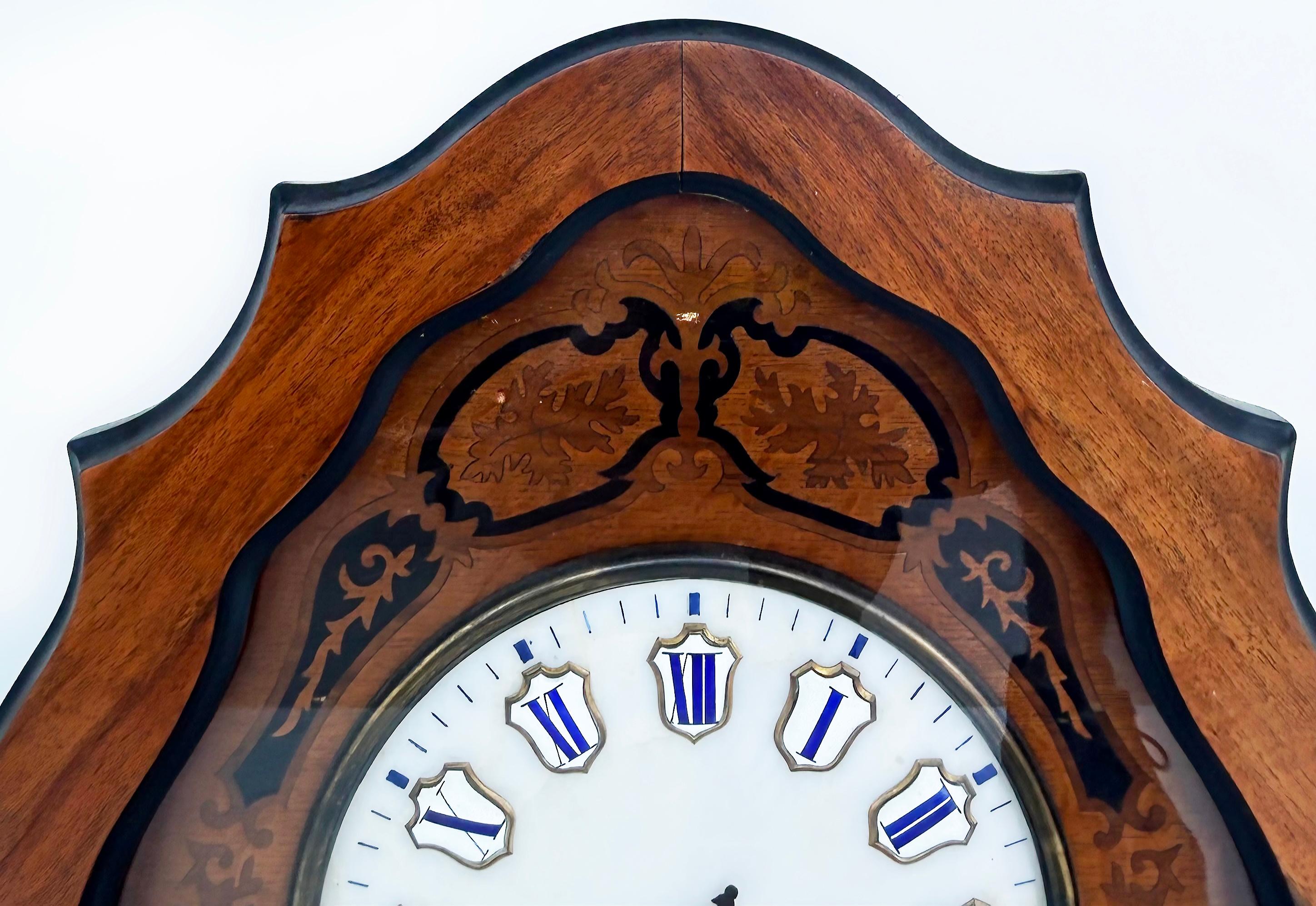 Metal 19th Century French Napoleon III Wall Clock, Enamel Face and Wood Marquetry  For Sale