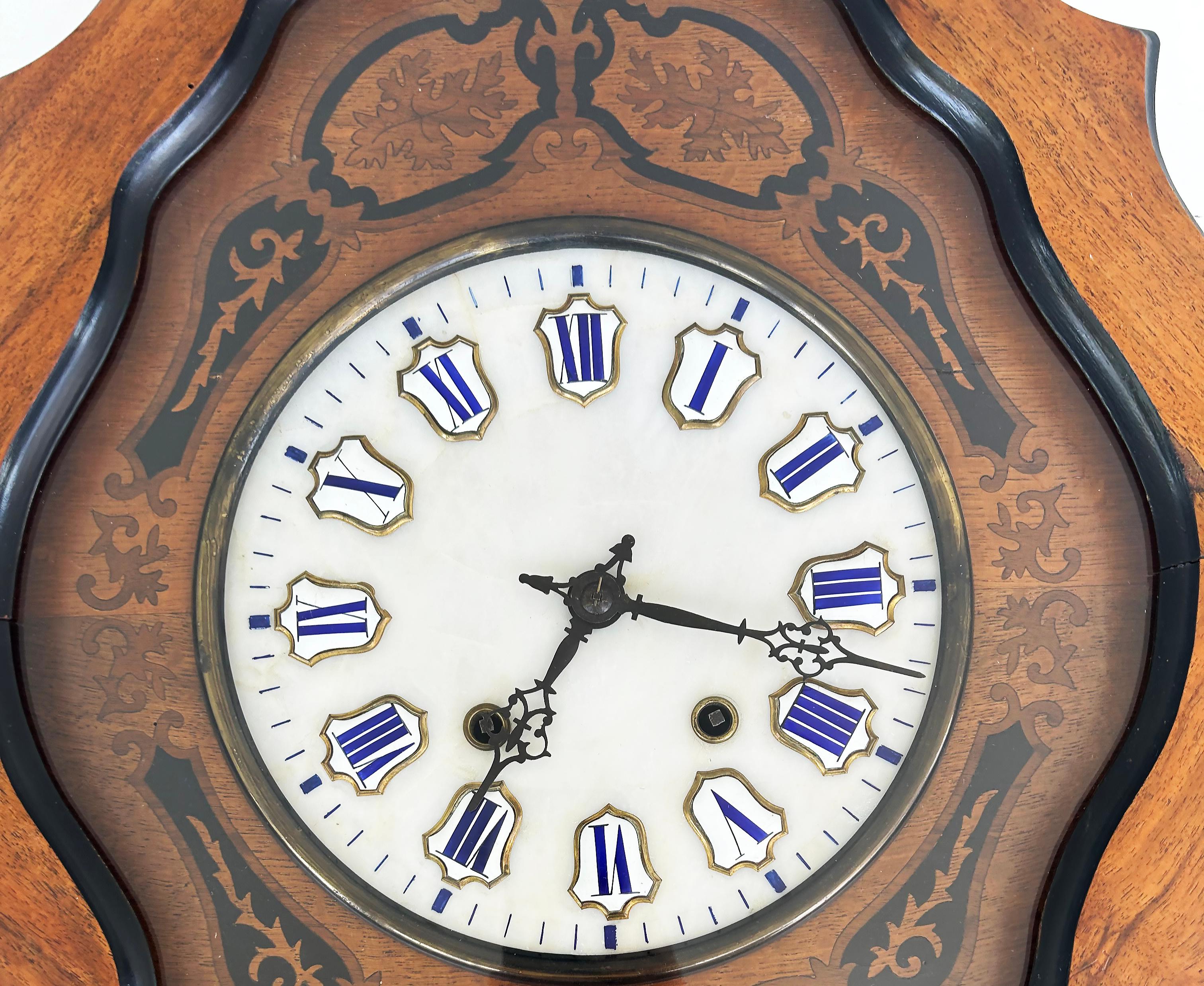 19th Century French Napoleon III Wall Clock, Enamel Face and Wood Marquetry  For Sale 1