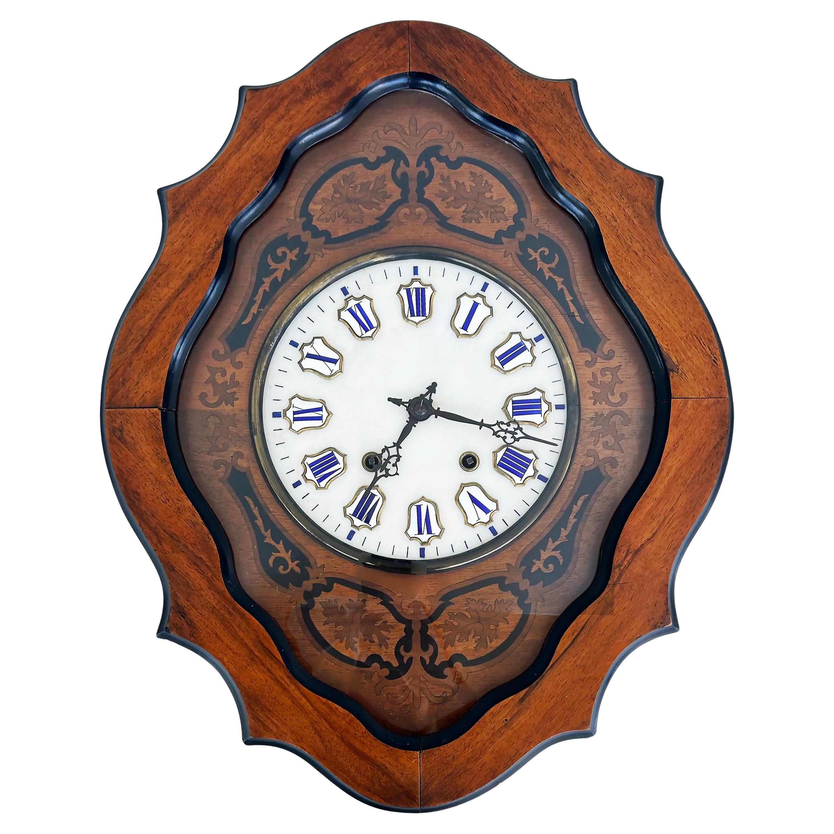 19th Century French Napoleon III Wall Clock, Enamel Face and Wood Marquetry 