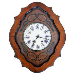 Antique 19th Century French Napoleon III Wall Clock, Enamel Face and Wood Marquetry 