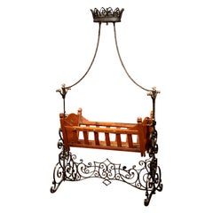 Used 19th Century French Napoleon III Walnut and Iron Baby Craddle with Canopy