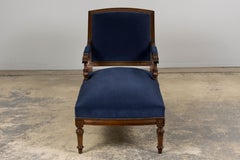 19th Century French Napoleon III Walnut Chaise Lounge in Blue Velvet