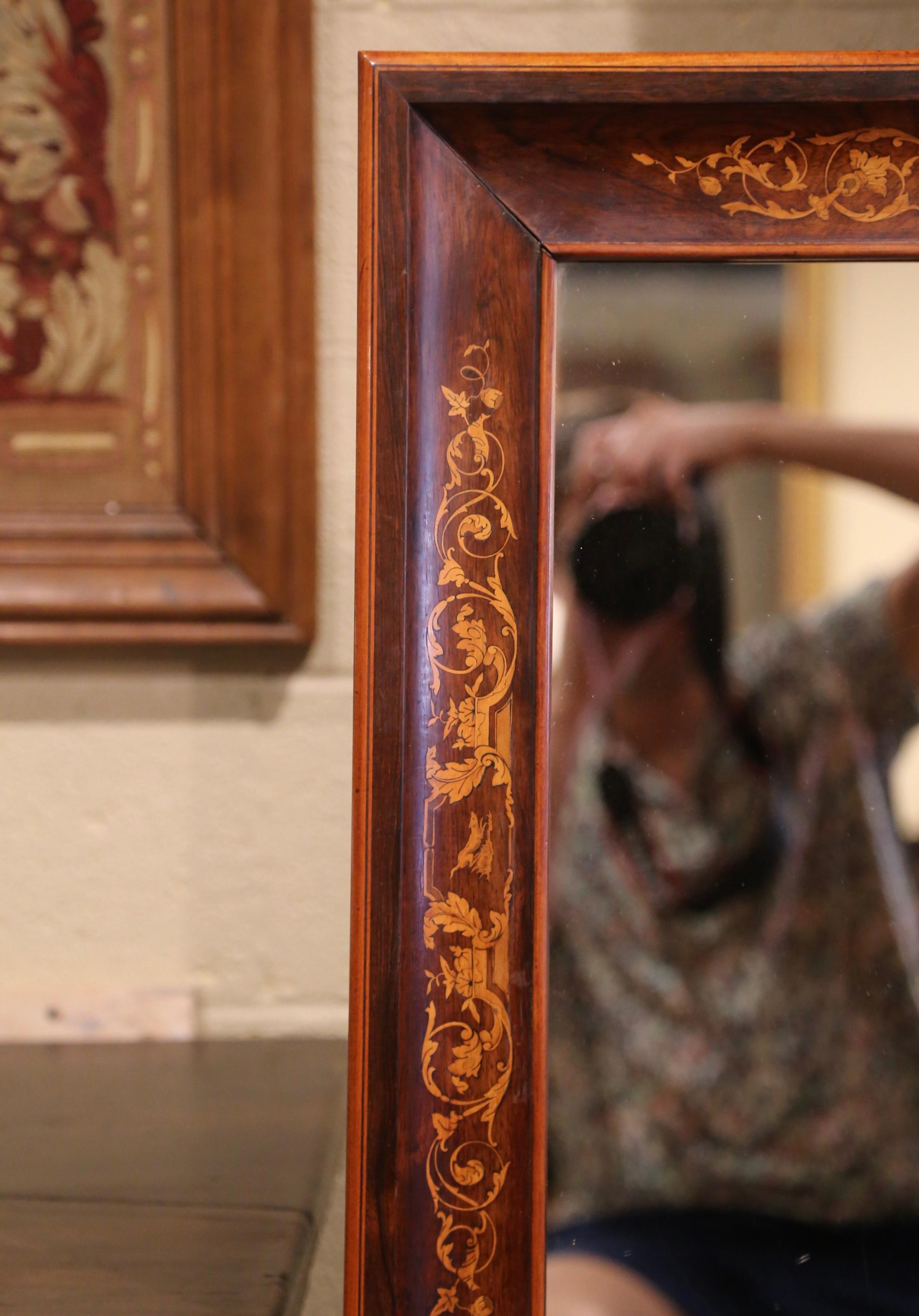 Adam Style 19th Century French Napoleon III Walnut Inlaid Wall Mirror with Floral Motifs For Sale