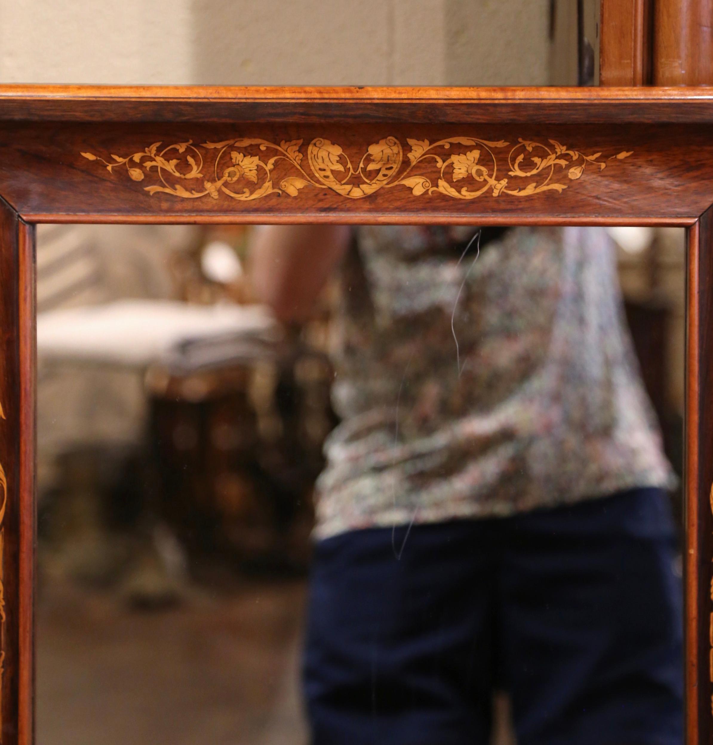 Patinated 19th Century French Napoleon III Walnut Inlaid Wall Mirror with Floral Motifs For Sale