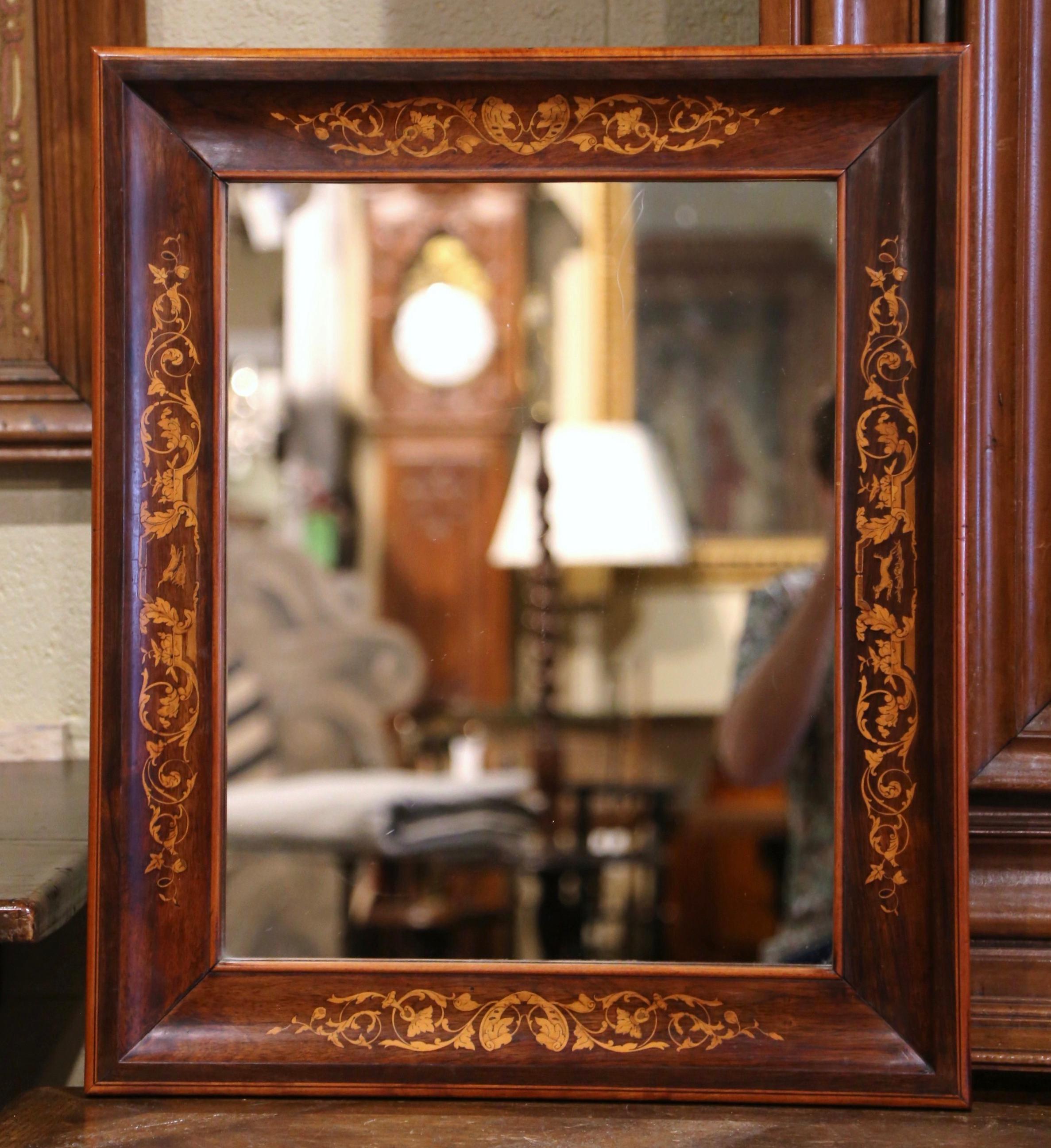19th Century French Napoleon III Walnut Inlaid Wall Mirror with Floral Motifs For Sale 1