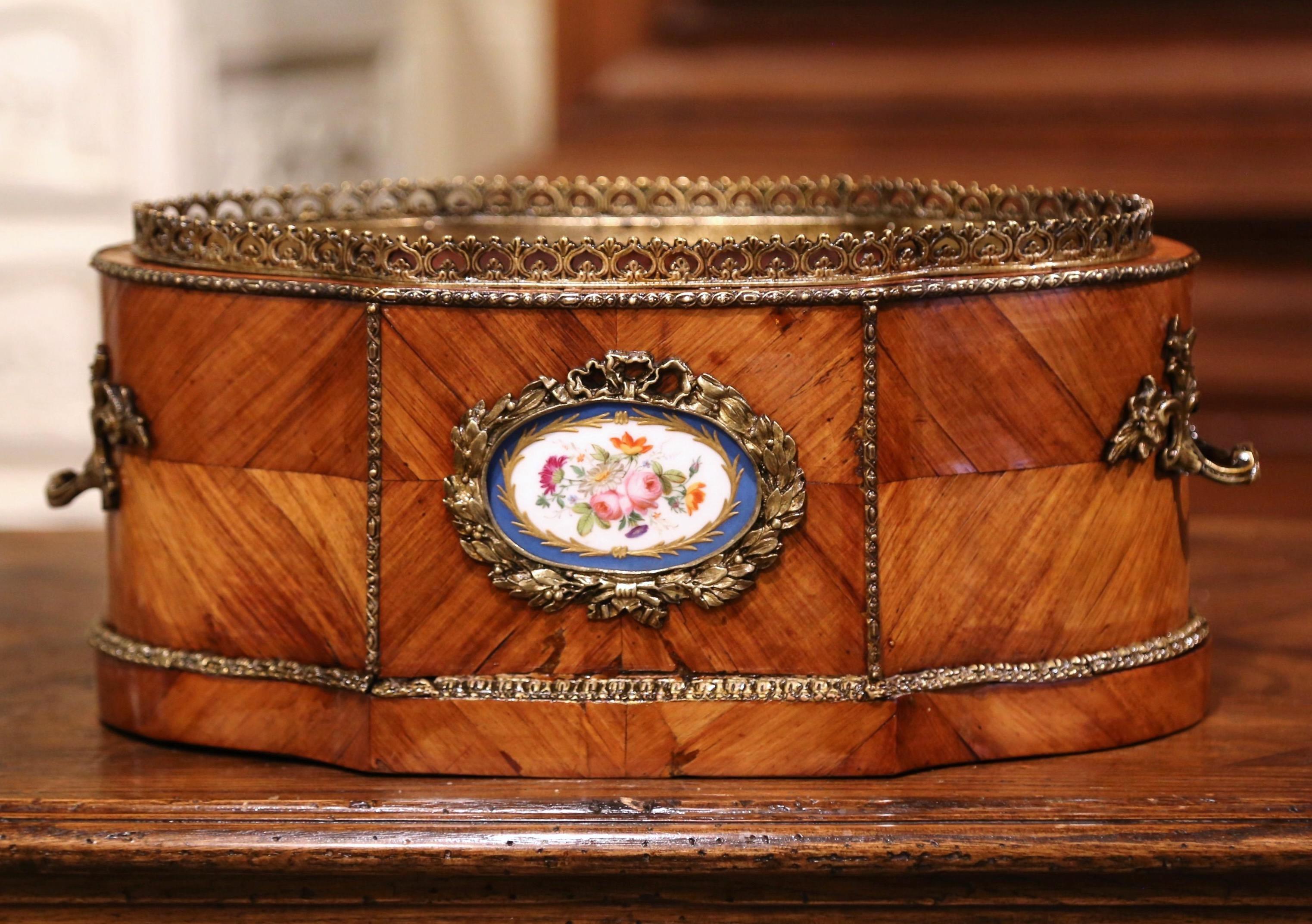Hand-Painted 19th Century French Napoleon III Walnut Inlaid, Porcelain and Brass Jardinière