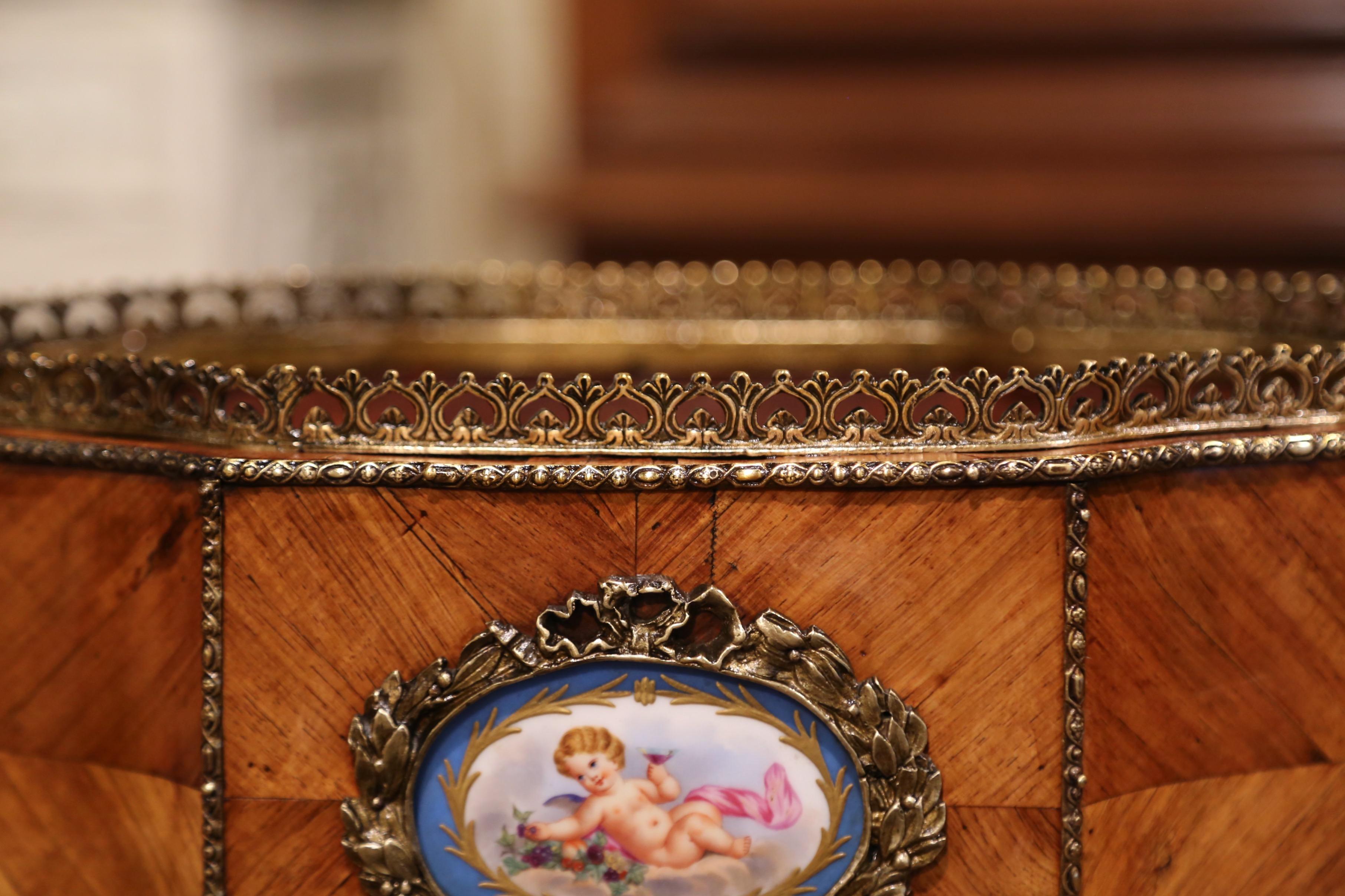 19th Century French Napoleon III Walnut Inlaid, Porcelain and Brass Jardinière 5