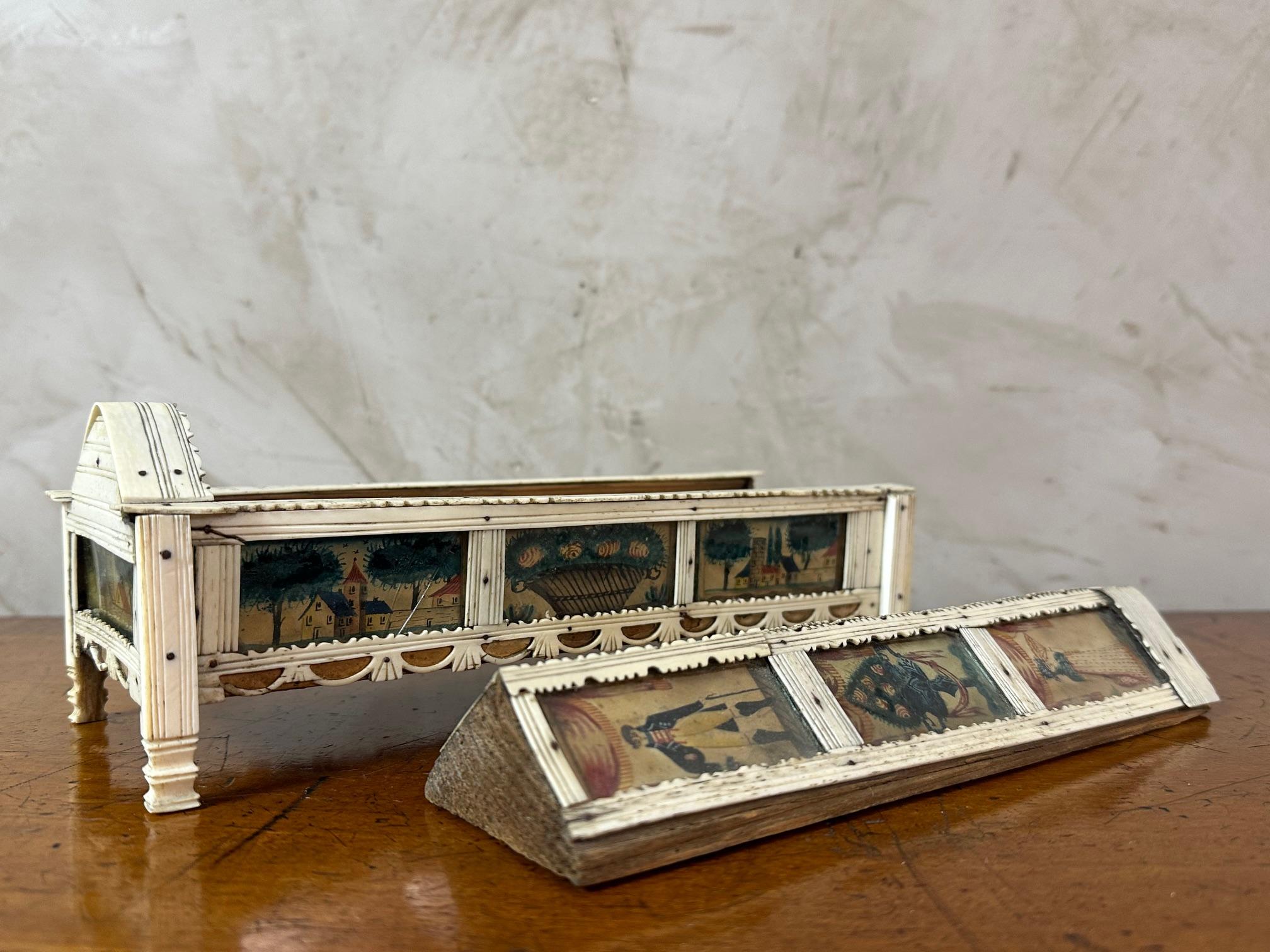 19th century French Napoleon War Soldier Work Domino Painted Basket, 1820s For Sale 6