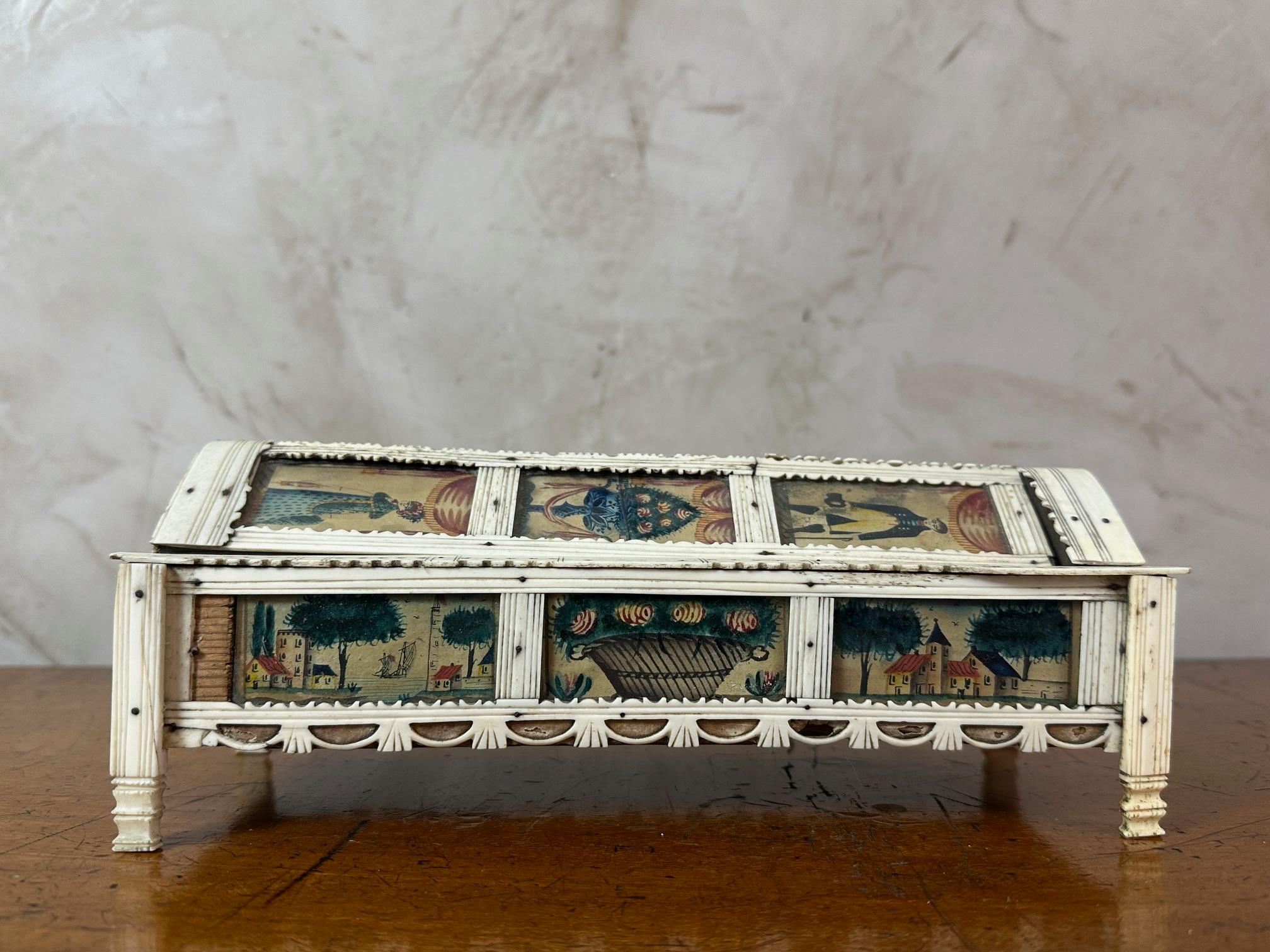 19th century French Napoleon War Soldier Work Domino Painted Basket, 1820s In Fair Condition For Sale In LEGNY, FR