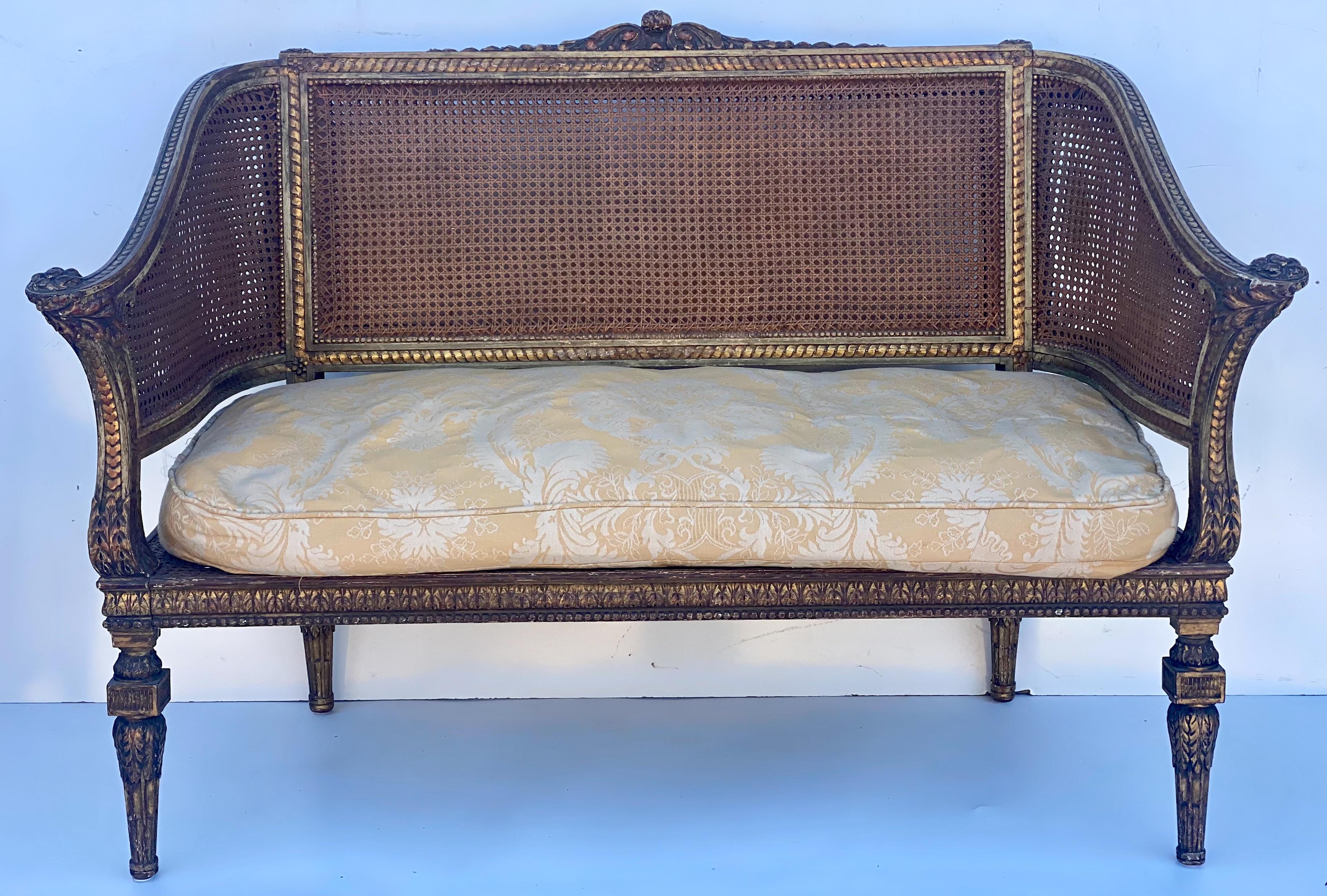 19th Century French Napoleonic Double Caned and Giltwood Settee 8