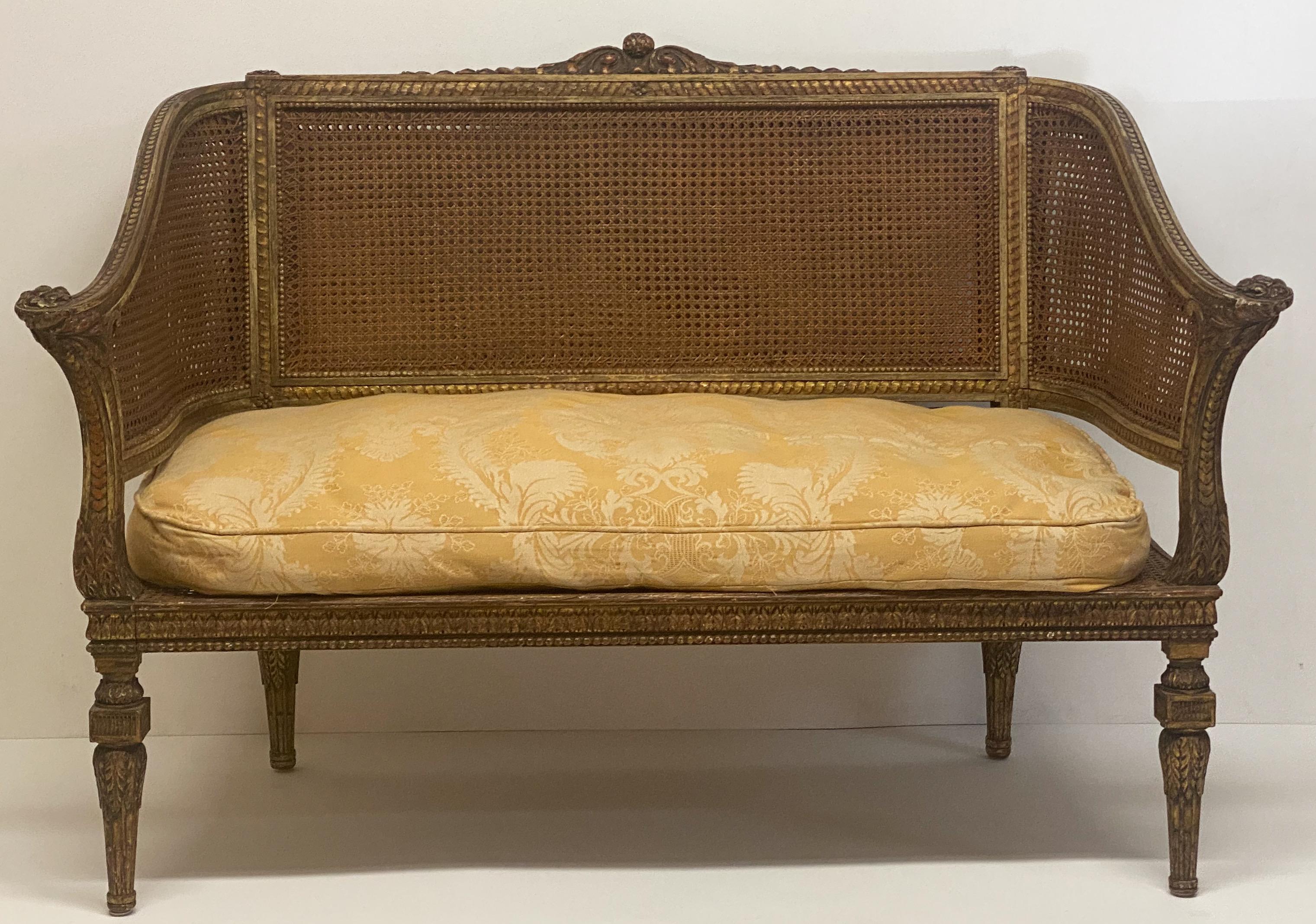 19th Century French Napoleonic Double Caned and Giltwood Settee 10