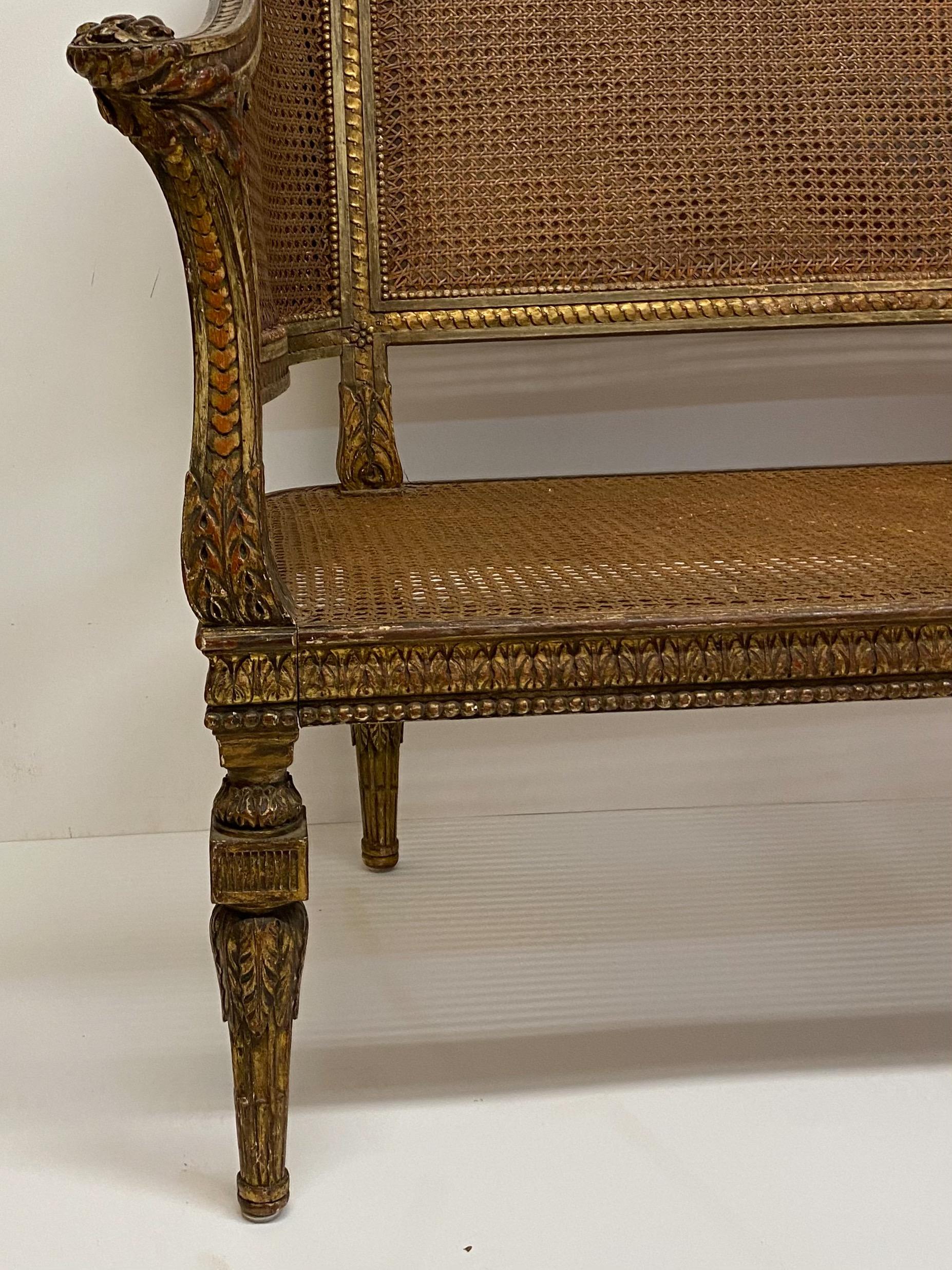 Silk 19th Century French Napoleonic Double Caned and Giltwood Settee
