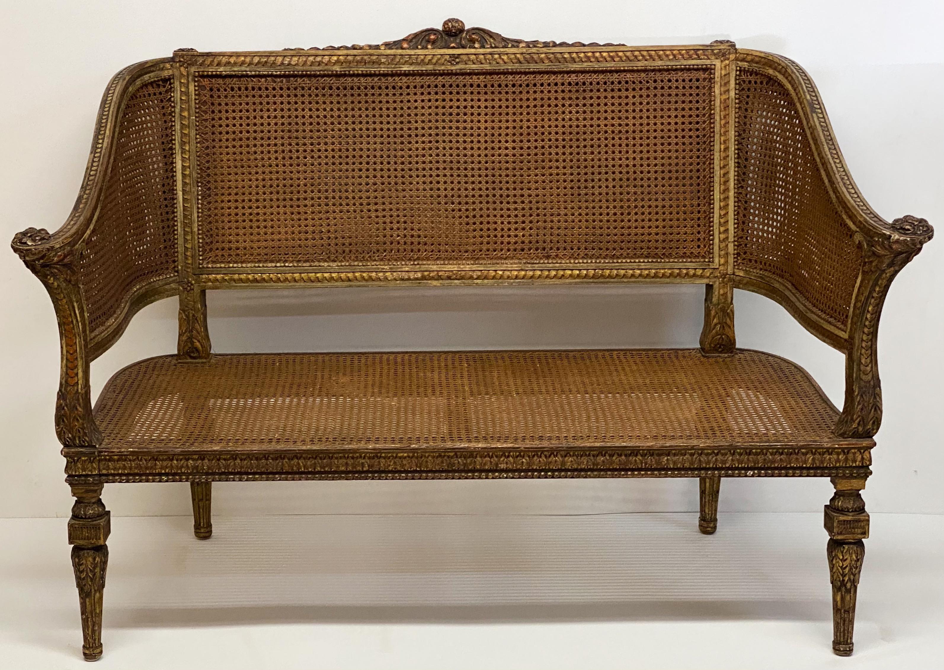 19th Century French Napoleonic Double Caned and Giltwood Settee 2