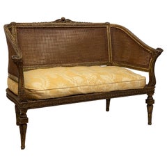 19th Century French Napoleonic Double Caned and Giltwood Settee