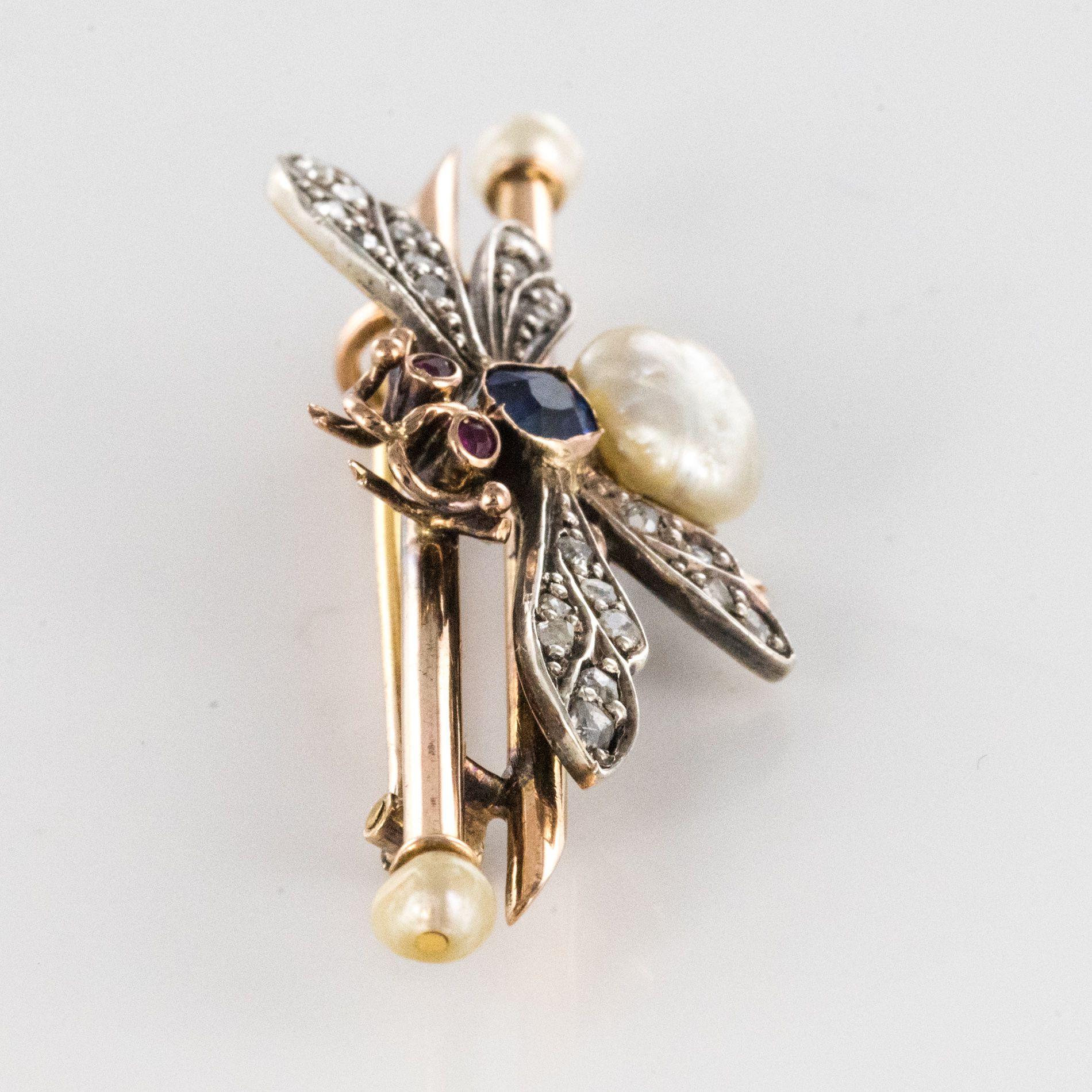 19th Century French Natural Pearl Sapphire Diamond Ruby Insect Brooch For Sale 5