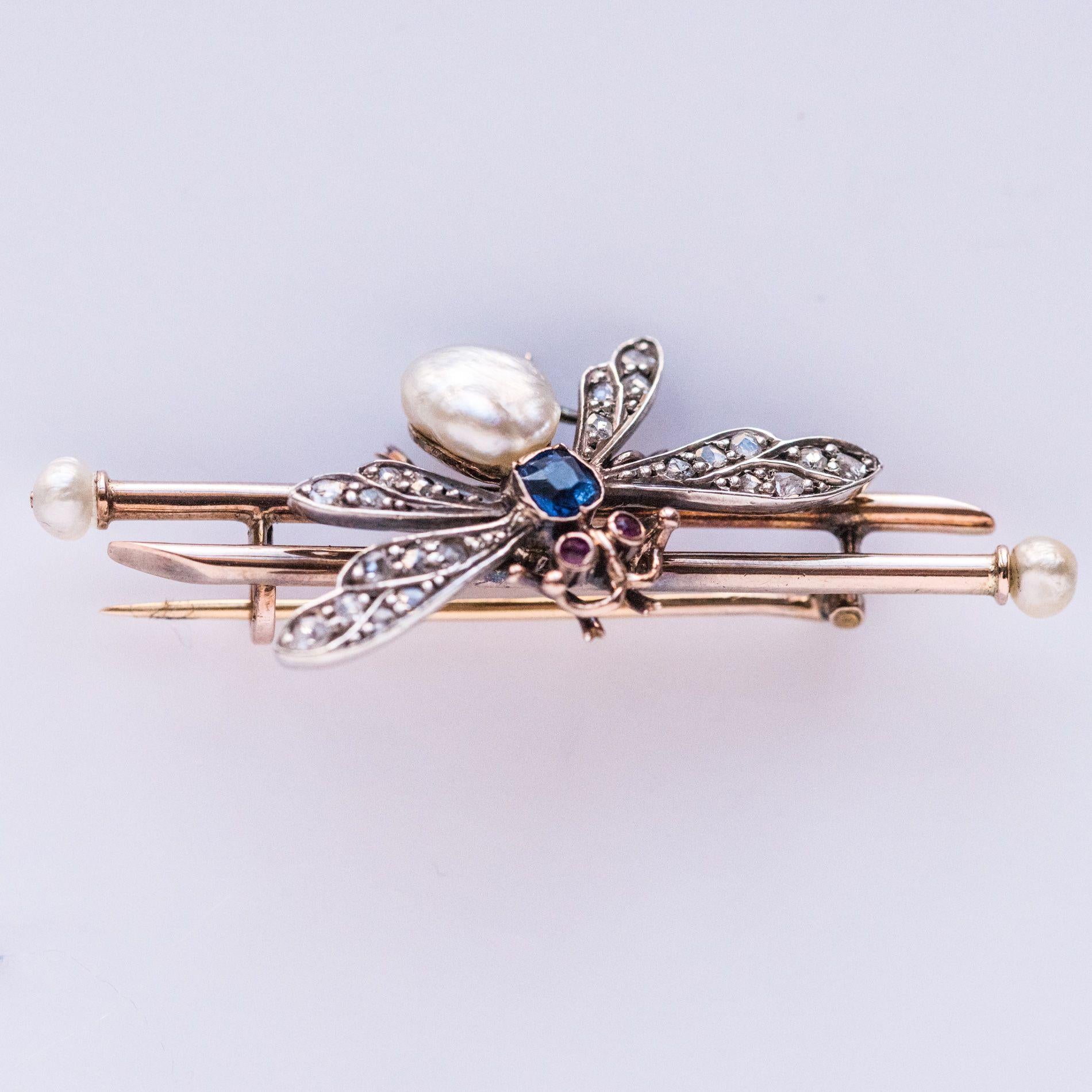 19th Century French Natural Pearl Sapphire Diamond Ruby Insect Brooch For Sale 9