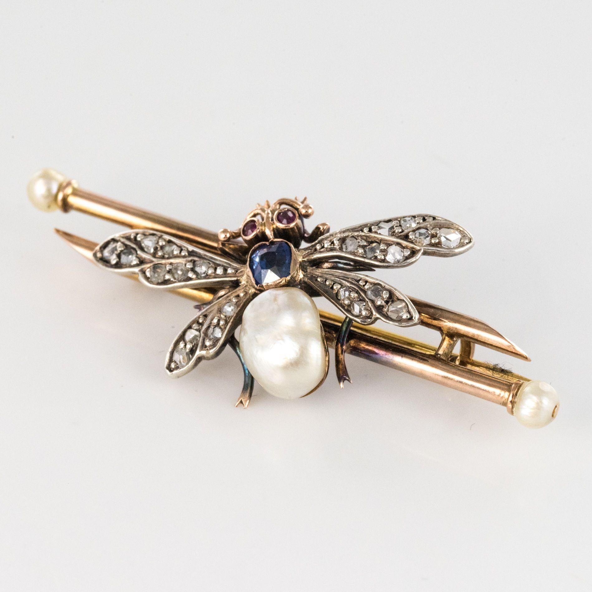Napoleon III 19th Century French Natural Pearl Sapphire Diamond Ruby Insect Brooch For Sale