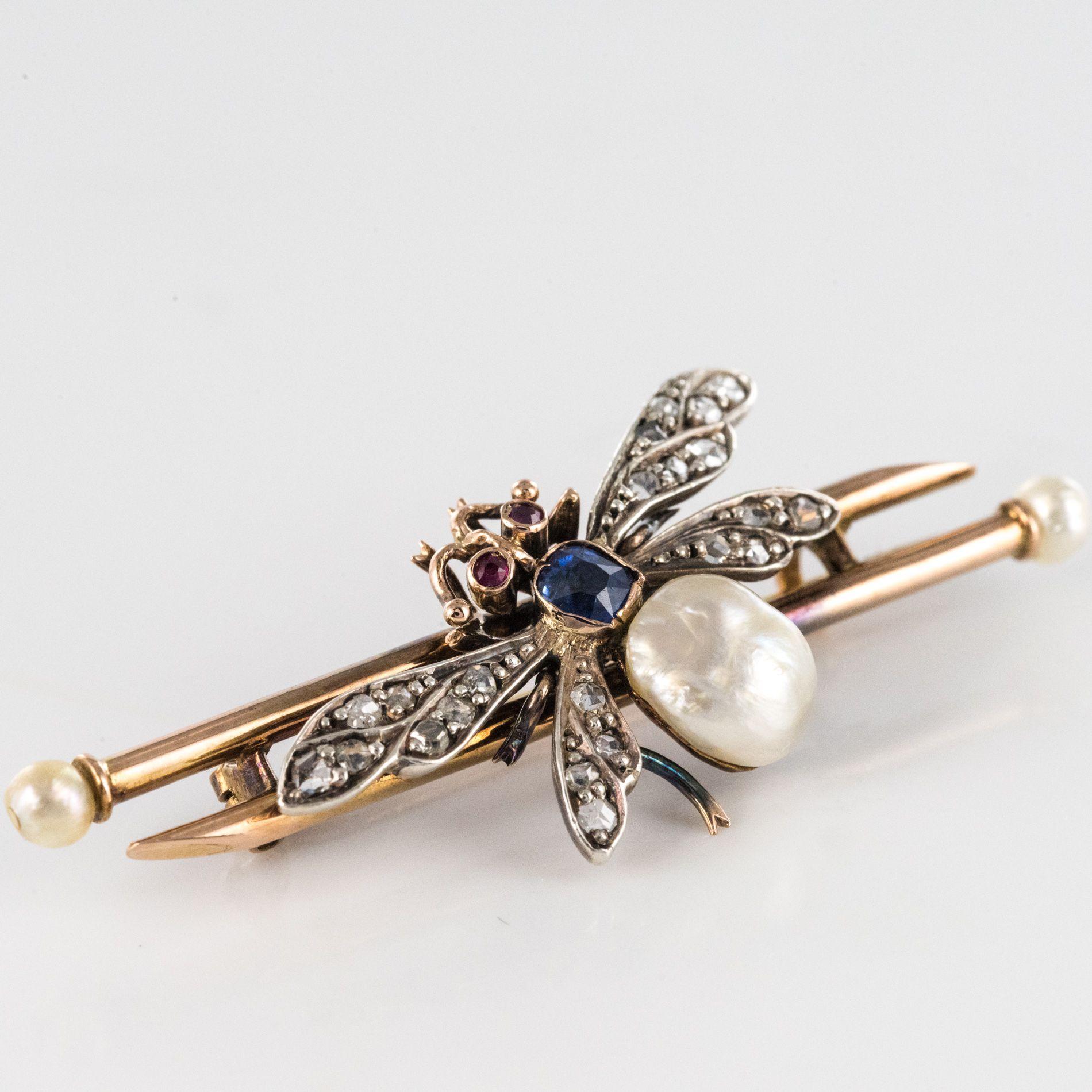 19th Century French Natural Pearl Sapphire Diamond Ruby Insect Brooch For Sale 3