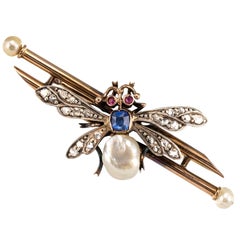 19th Century French Natural Pearl Sapphire Diamond Ruby Insect Brooch