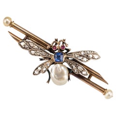 19th Century French Natural Pearl Sapphire Diamond Ruby Insect Brooch