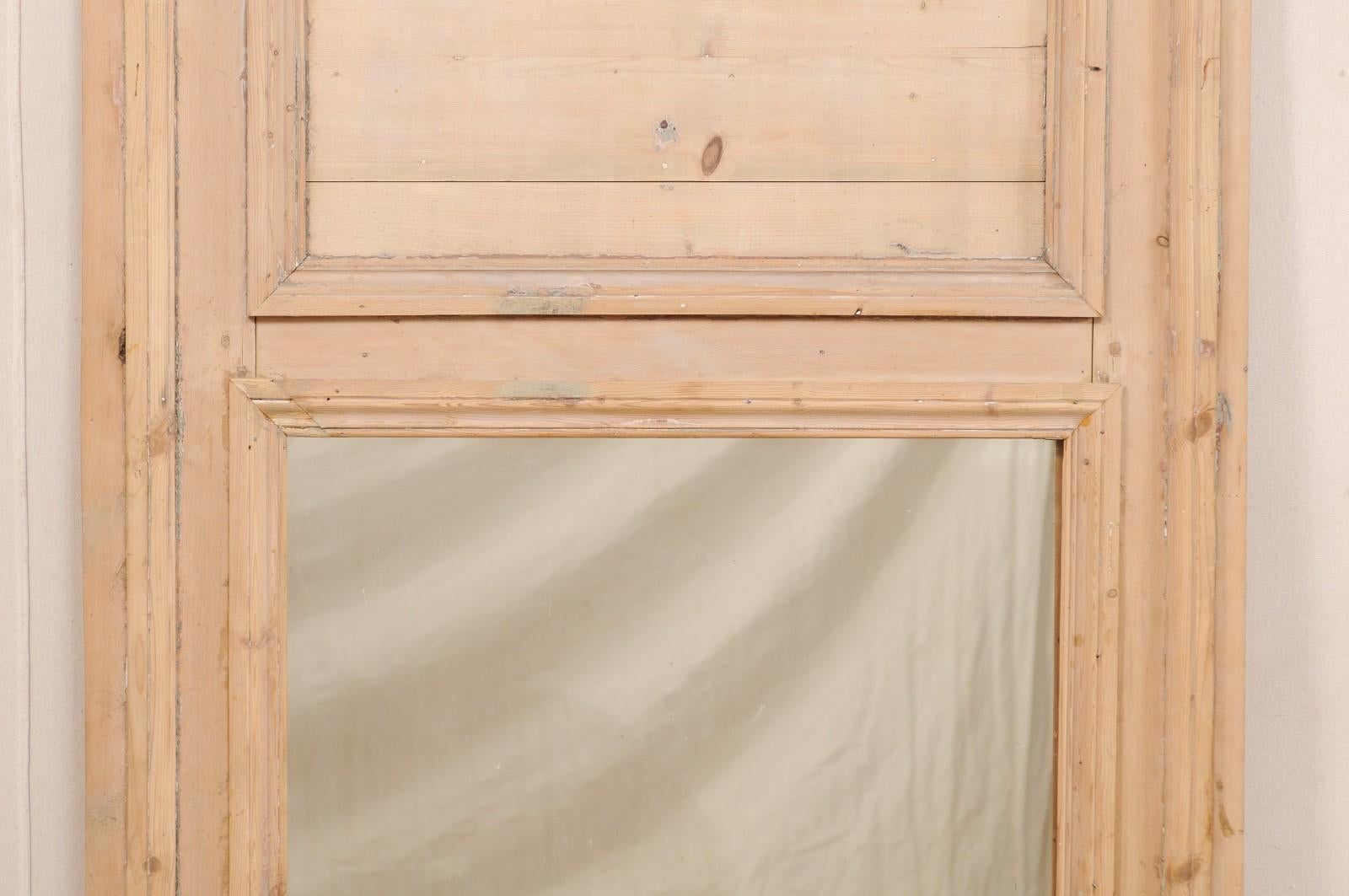 19th Century French Natural Wood Trumeau Mirror, 5.5 Ft Tall In Good Condition In Atlanta, GA