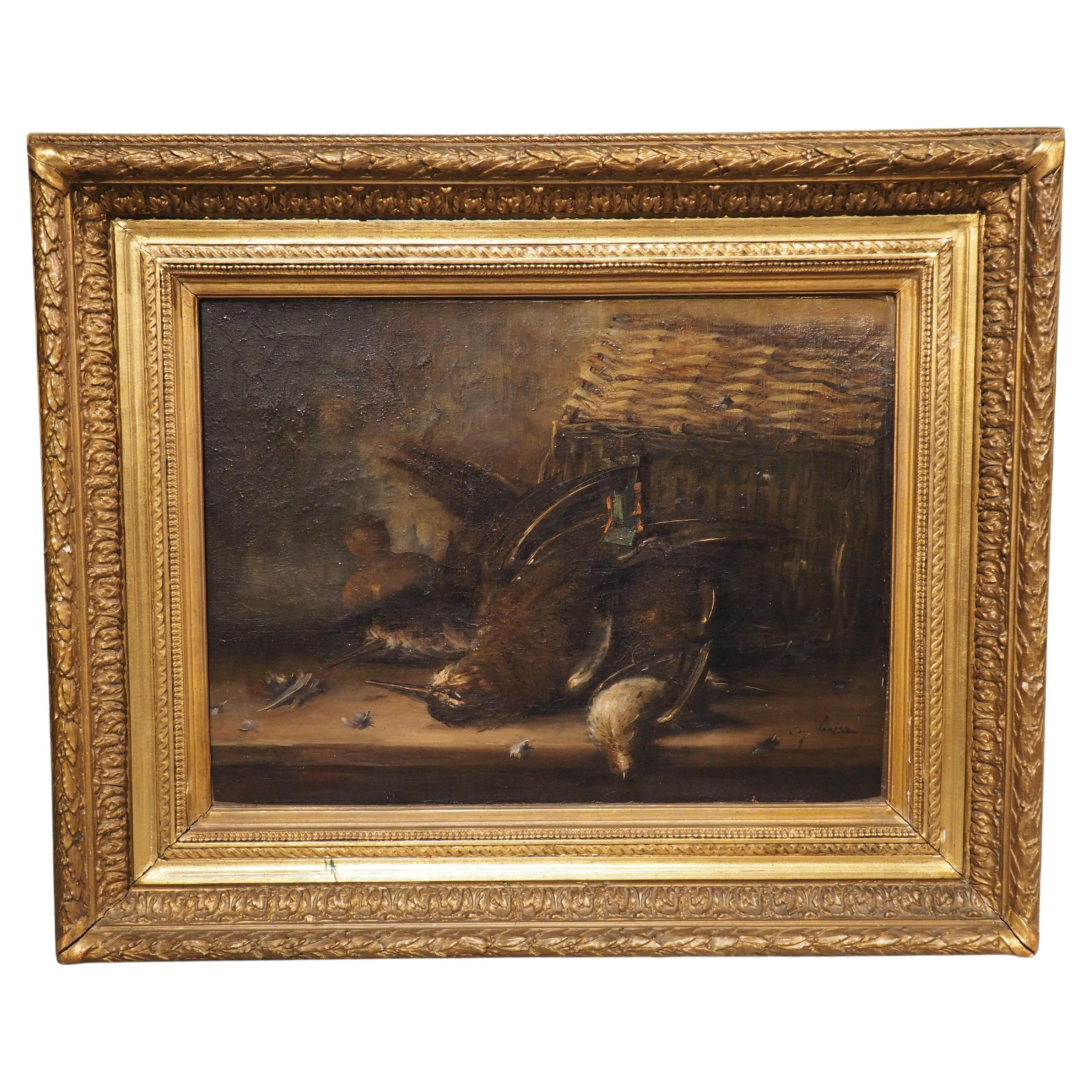 19th Century French Nature Morte Aux Oiseaux Oil Painting in Giltwood Frame