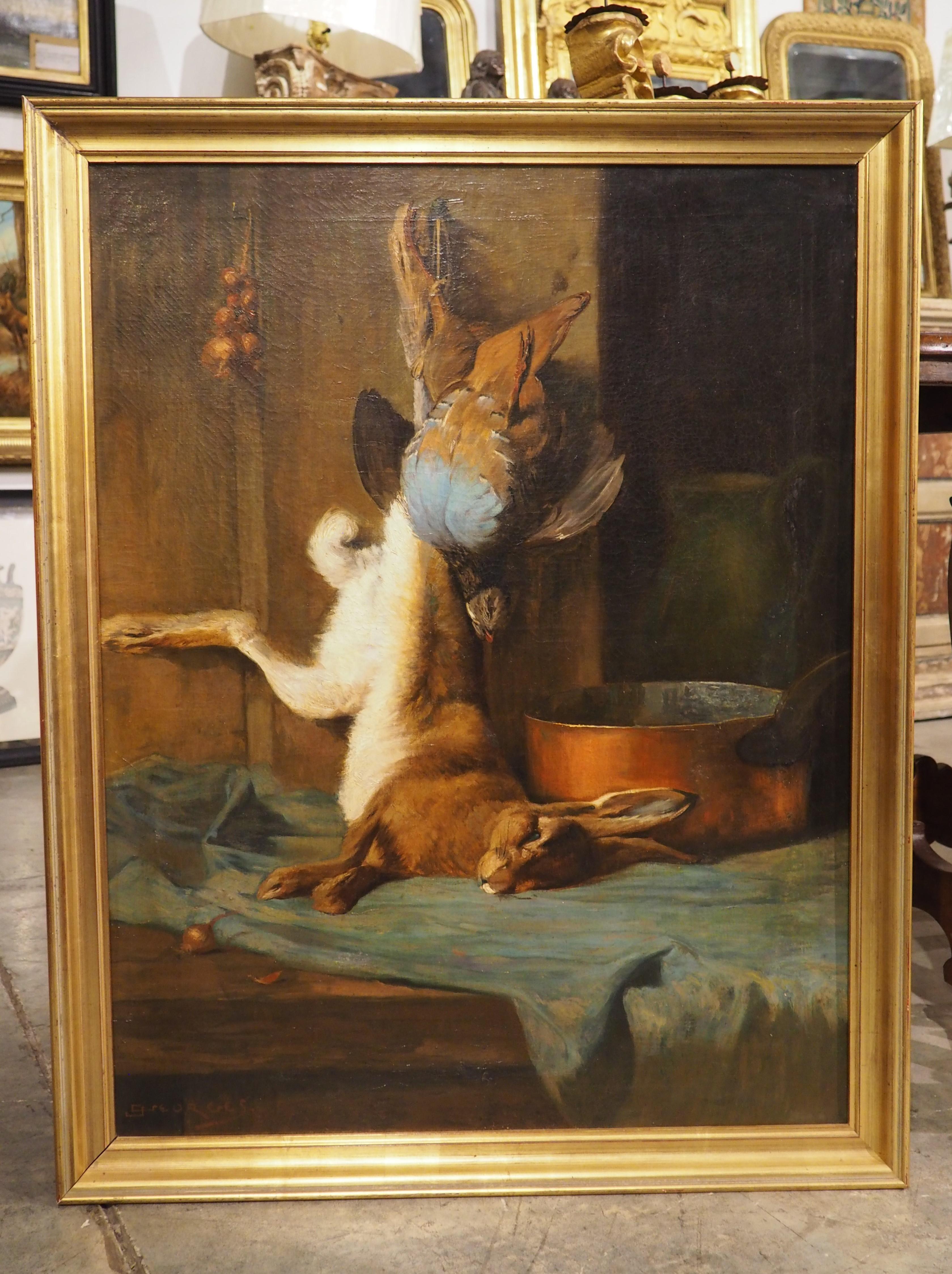 Hand-Carved 19th Century French Nature Morte Oil Painting in Giltwood Frame, Signed Georges For Sale