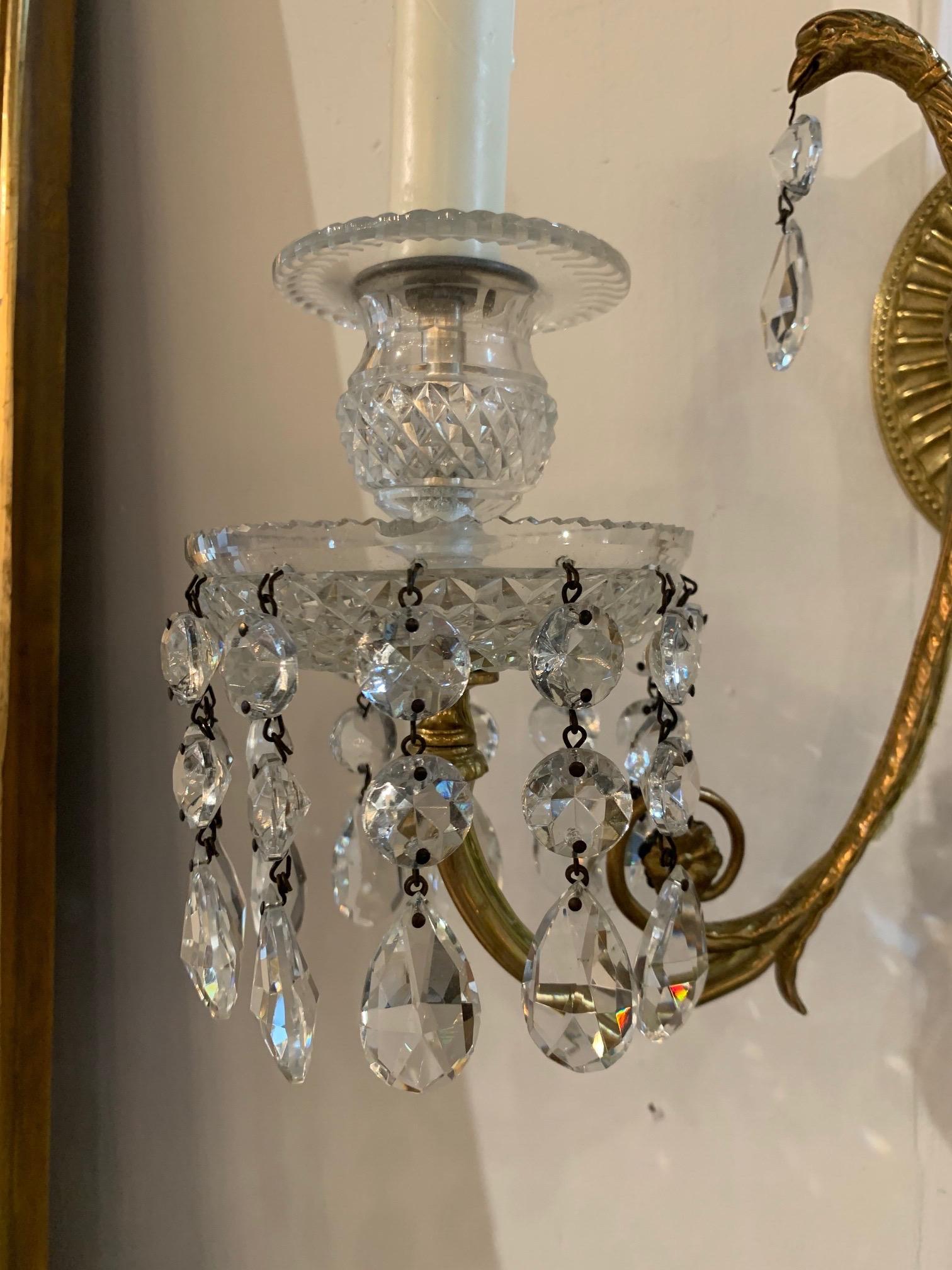 19th Century French Neoclassical Gilt Bronze and Crystal Sconces 2