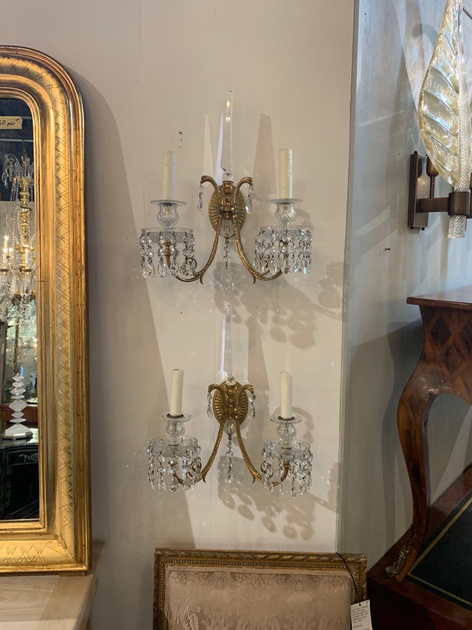19th Century French Neoclassical Gilt Bronze and Crystal Sconces 5