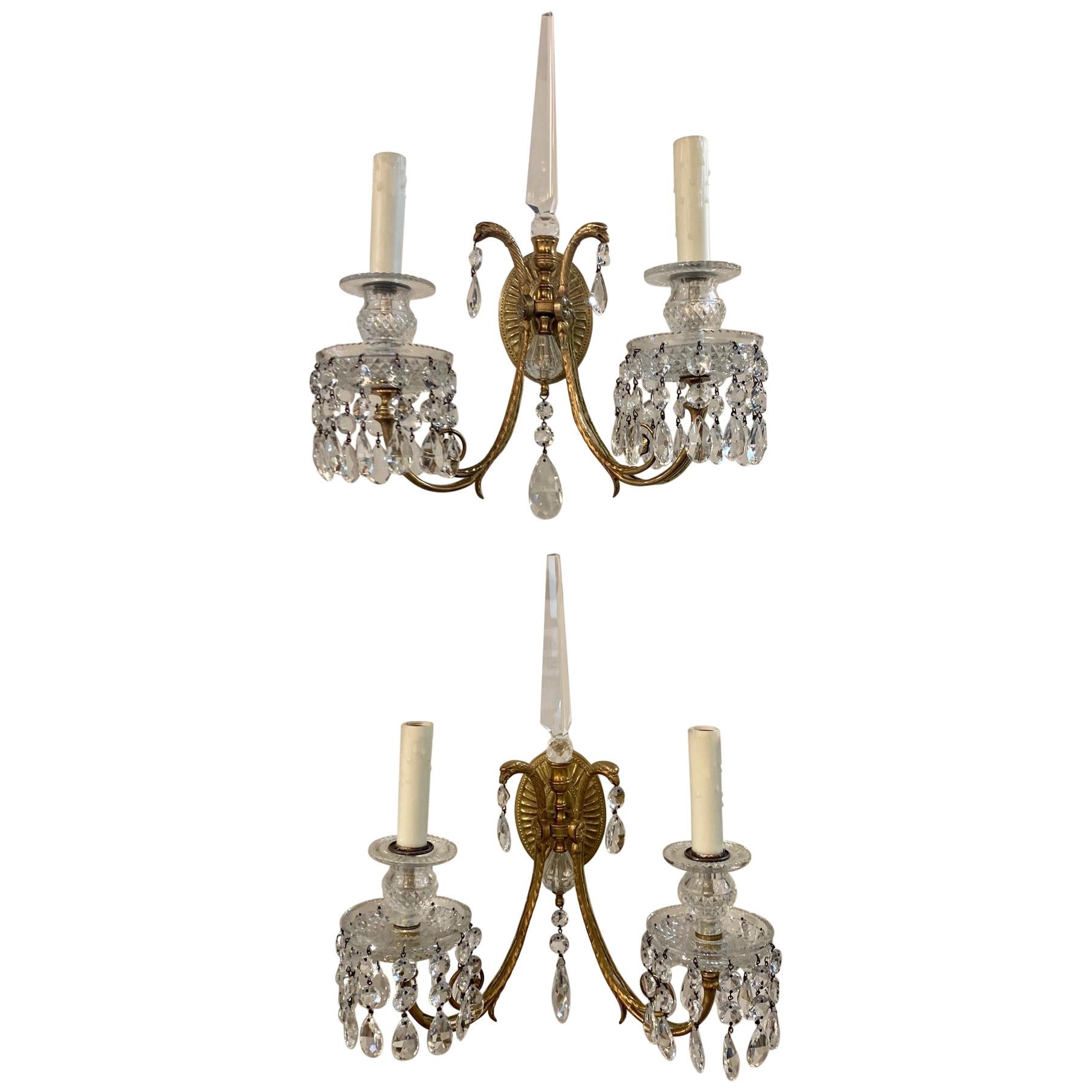 19th Century French Neoclassical Gilt Bronze and Crystal Sconces