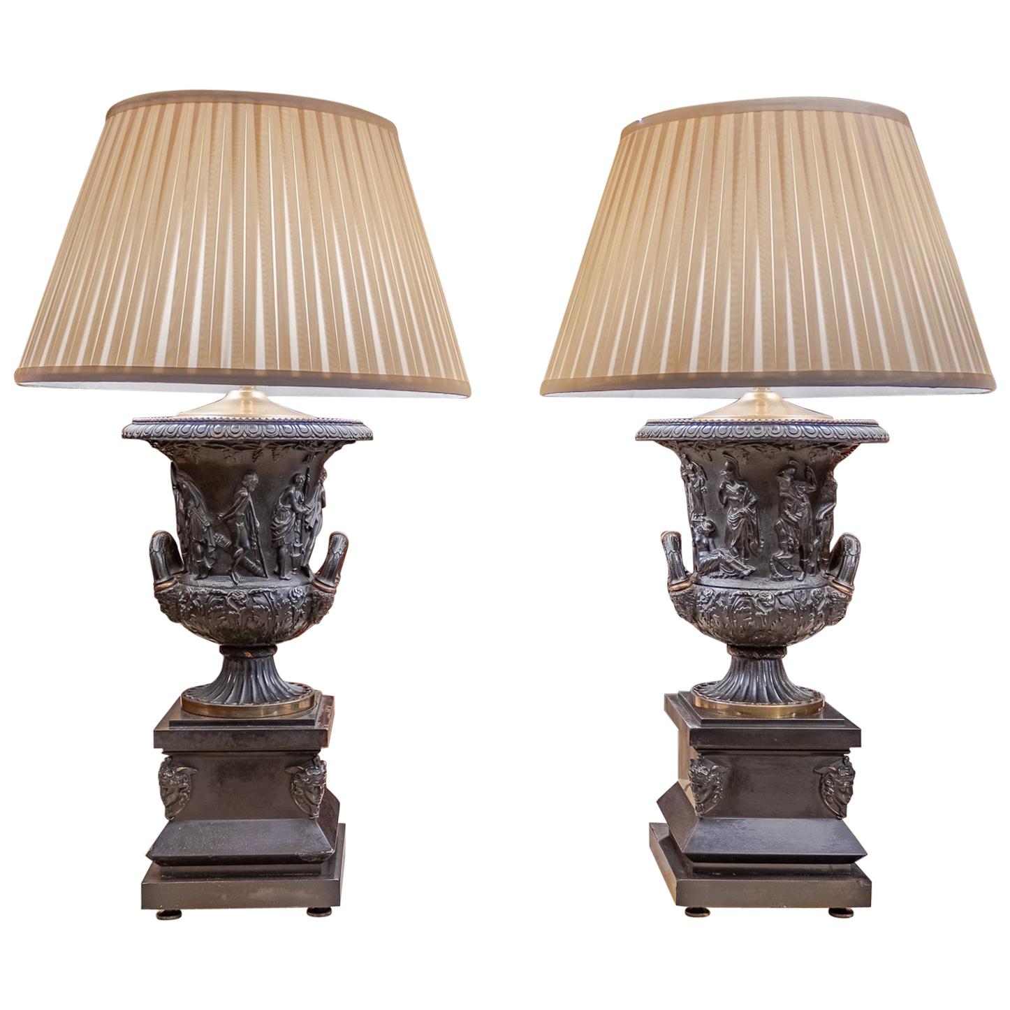19th Century French Neoclassical Patinated Bronze Urn Lamps after Barbedienne For Sale