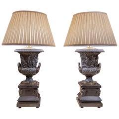 19th Century French Neoclassical Patinated Bronze Urn Lamps after Barbedienne Antique 19th Century French Neoclassical Patinated Bronze Urn Lamps after Barbedienne