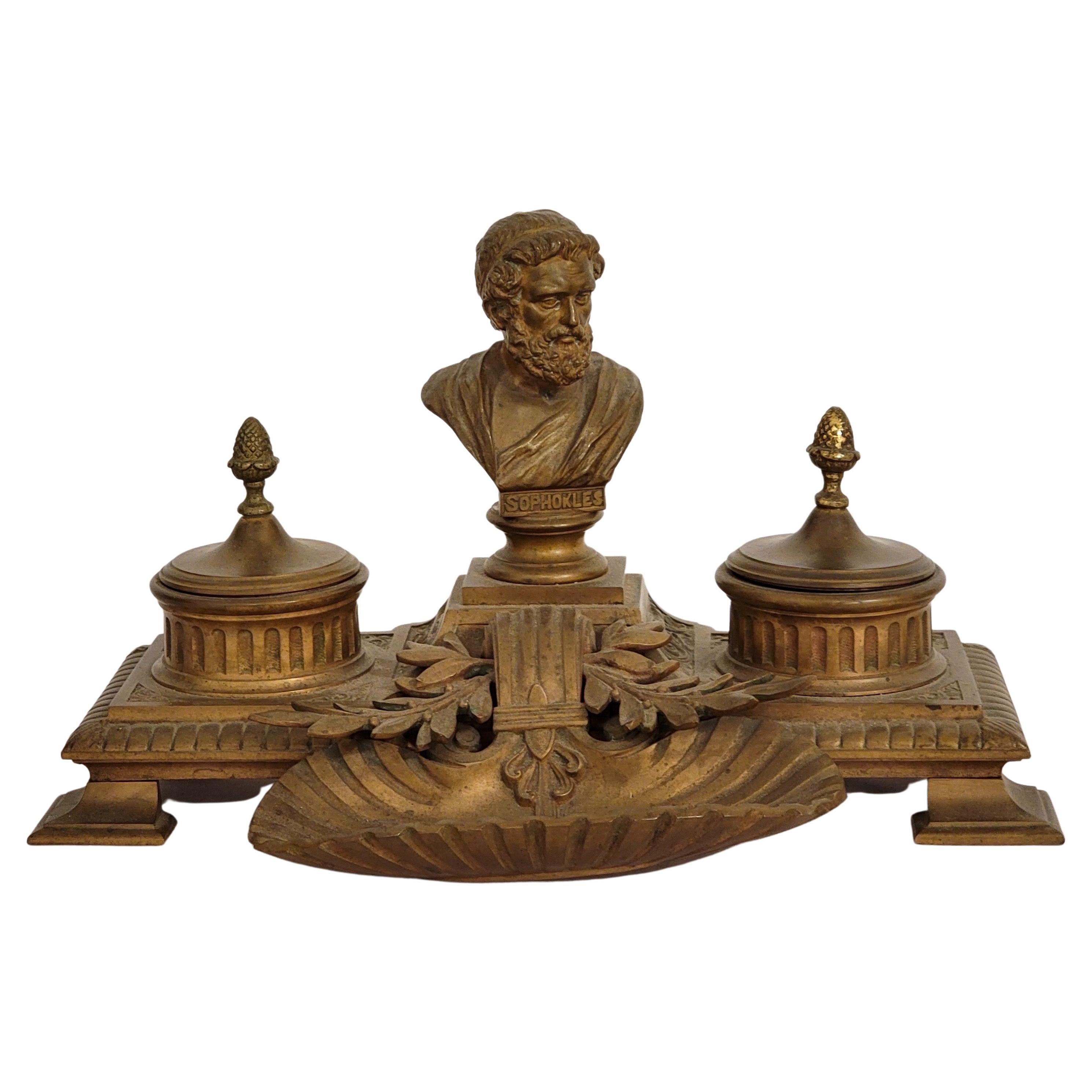 19th Century French Neo-Classical Style Gilt Bronze Desk Inkwell For Sale