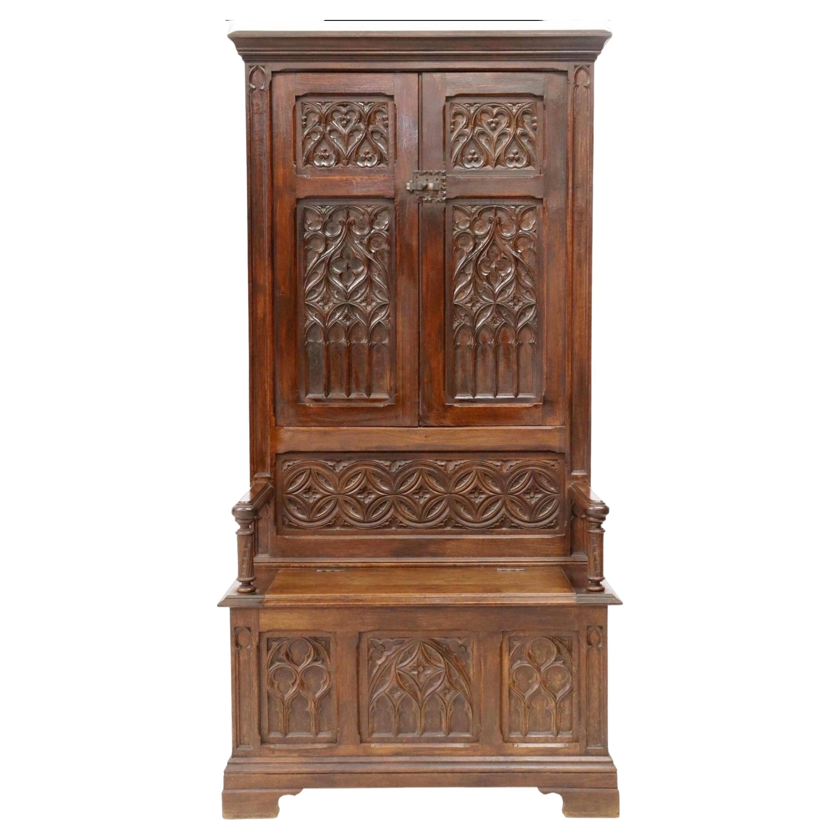 19th Century French Neo-Gothic Carved Oak Hall Bench Cabinet 