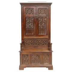 Antique 19th Century French Neo-Gothic Carved Oak Hall Bench Cabinet 